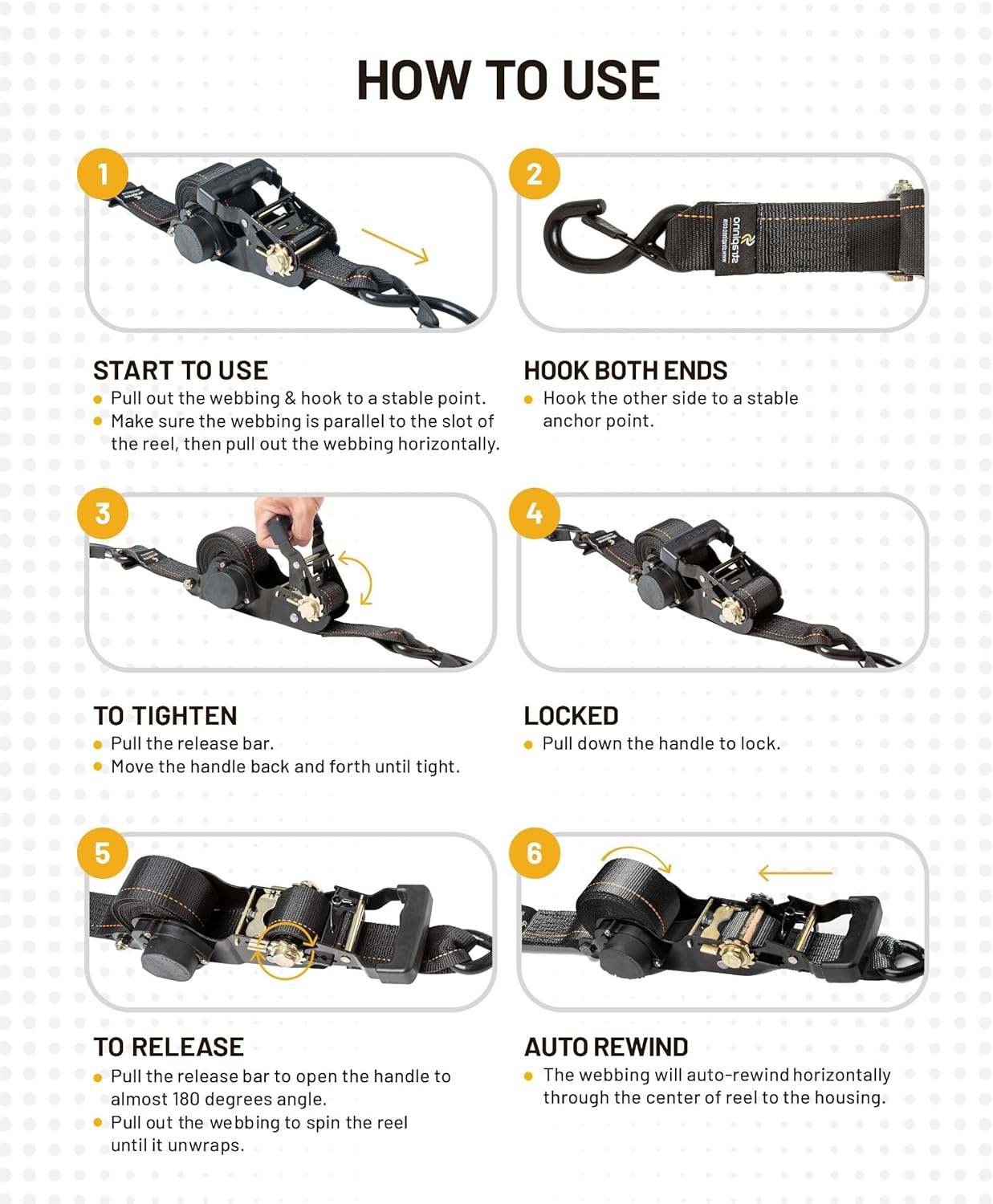 Strapinno Retractable Ratchet Tie-Down Straps,5,000 lbs Breaking Strength- 2 in x 12 ft Heavy Duty Ratchet Strap with Safety Lock S Hooks for Motorcycles, ATVs, UTVs, Lawn Equipment & Cargo (Black)