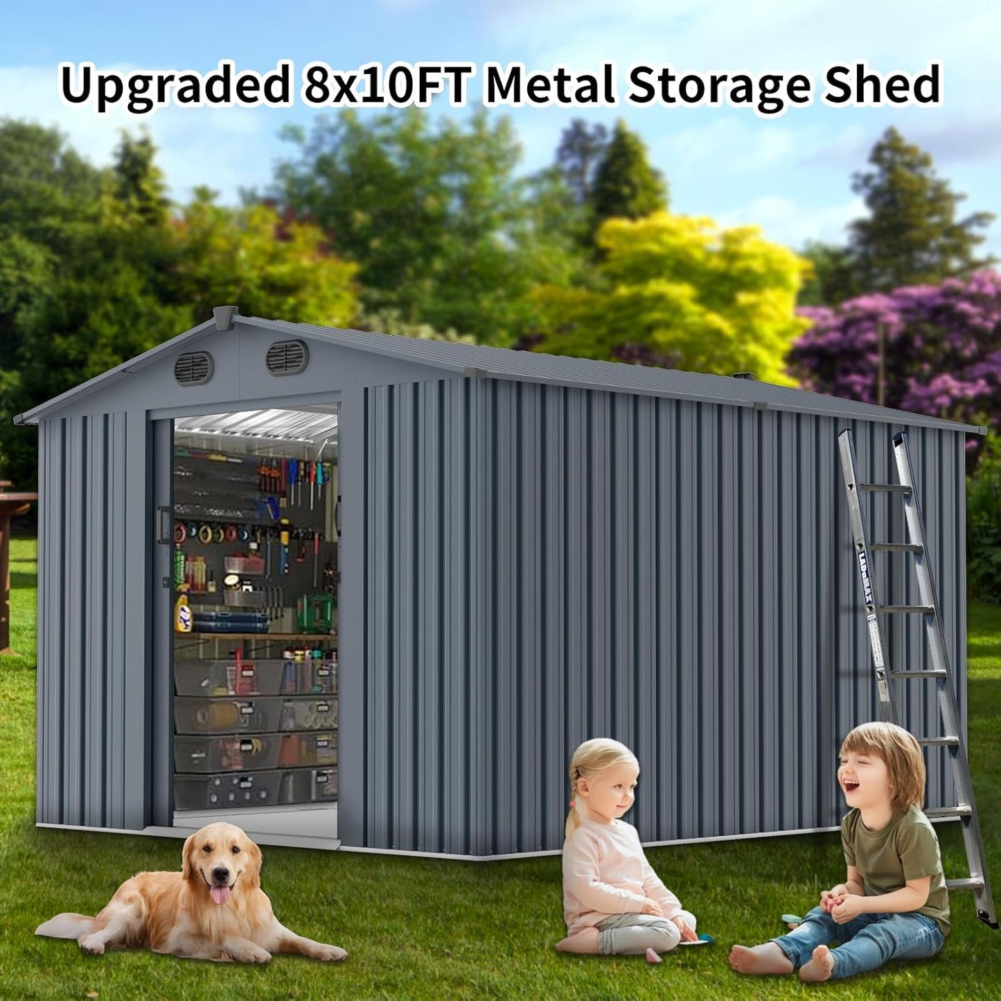 Outdoor Storage Shed 8x10 FT with Window - Metal Sheds & Outdoor Storage for Motorcycle, Bike, Garden Tool, Lawnmower - Backyard Tool Building with 1 Sliding Door and 4 Vents (Without Floor)