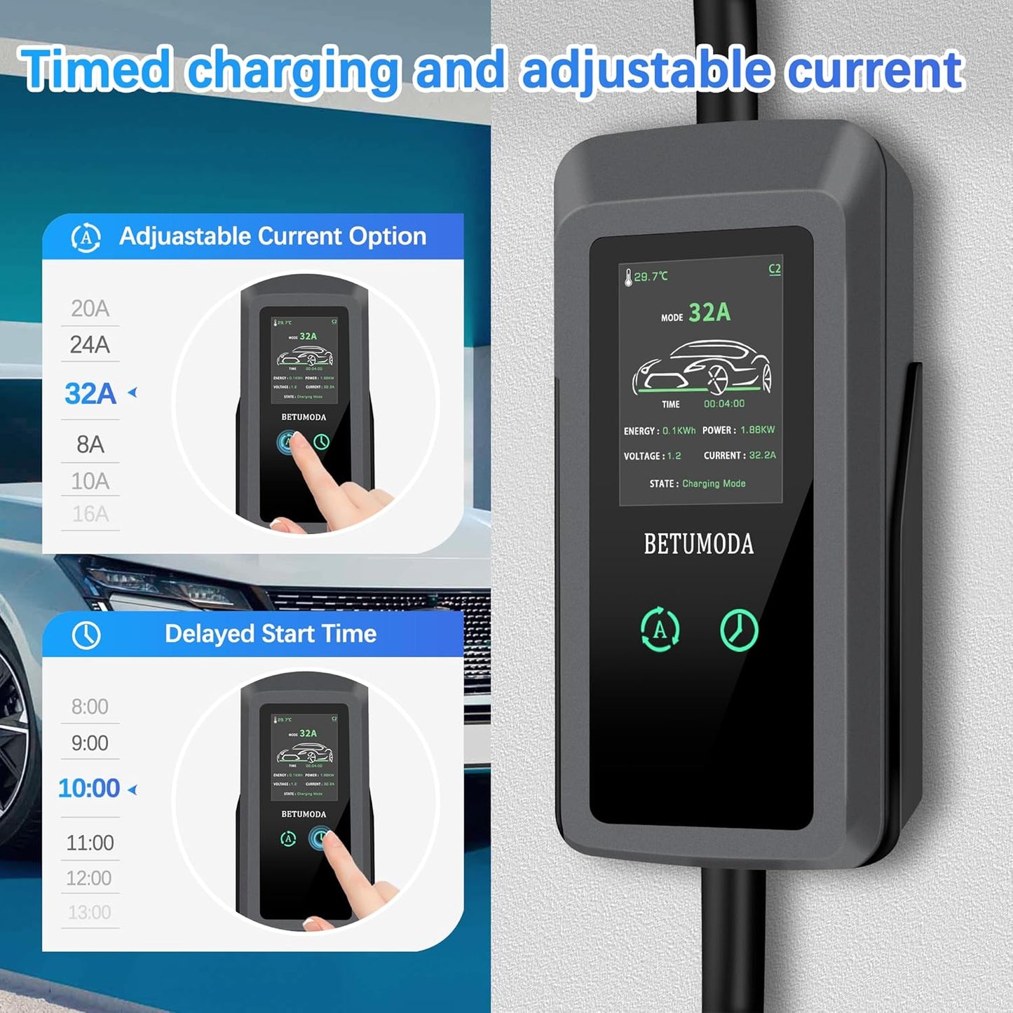 Level 2 EV Charger, 32 Amp, Portable Charger for Home and J1772, 25ft Cable, 240V, Charging Stations with LED Display, NEMA14-50 Plug, Current Adjustable.(Tesla Need Adapter)