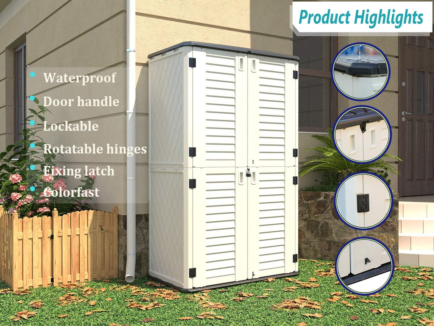 HOMSPARK Storage Shed Weather Resistance, Multi-Purpose Outdoor Storage Cabinet Waterproof, Outdoor Storage Cabinet for Garbage Cans, Lawnmower, Garden Accessories (White, Tall shed-53 cu ft)
