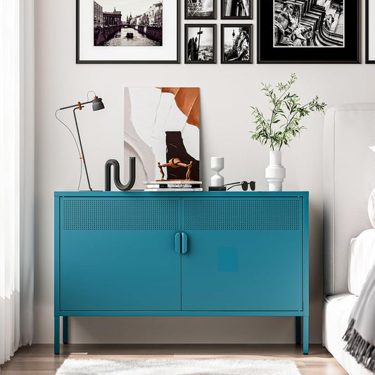 2 Door Storage Sideboard, Metal Storage Cabinet with 2 Adjustable Shelf,Multipurpose Metal Accent Cabinet for Office Home,Music Studio (Peacock Blue, 25''H)