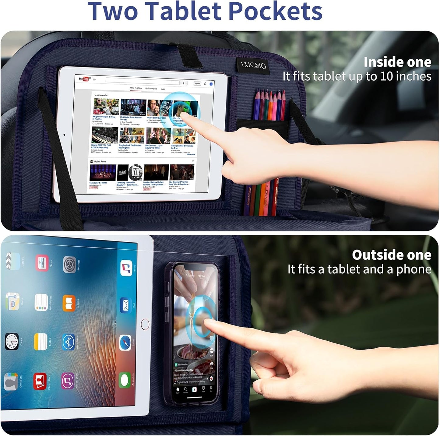 LUCMO Car Backseat Organizer with Tablet Holder,6 Storage Pockets Car Storage Organizer with Foldable Food Tray,Seat Protectors Kick Mats Travel Accessories-Dark Blue