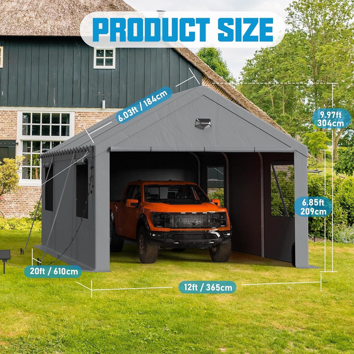 12x20 Carport Canopy, Heavy Duty Car Port, Portable Car Ports Garage with 2 Roll-Up Zipper Drive Through Doors, Grey