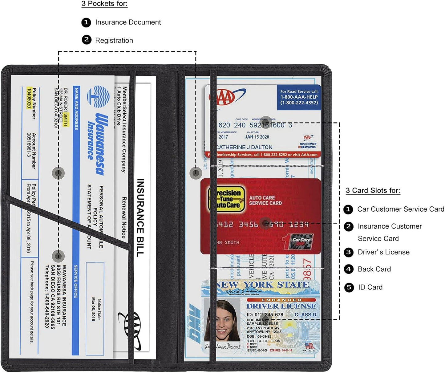 TOURSUIT Car Registration and Insurance Card Holder, Vehicle License Document Glove Box Compartment Organizer, Interior Car Accessories for Women Men Teens (Black)