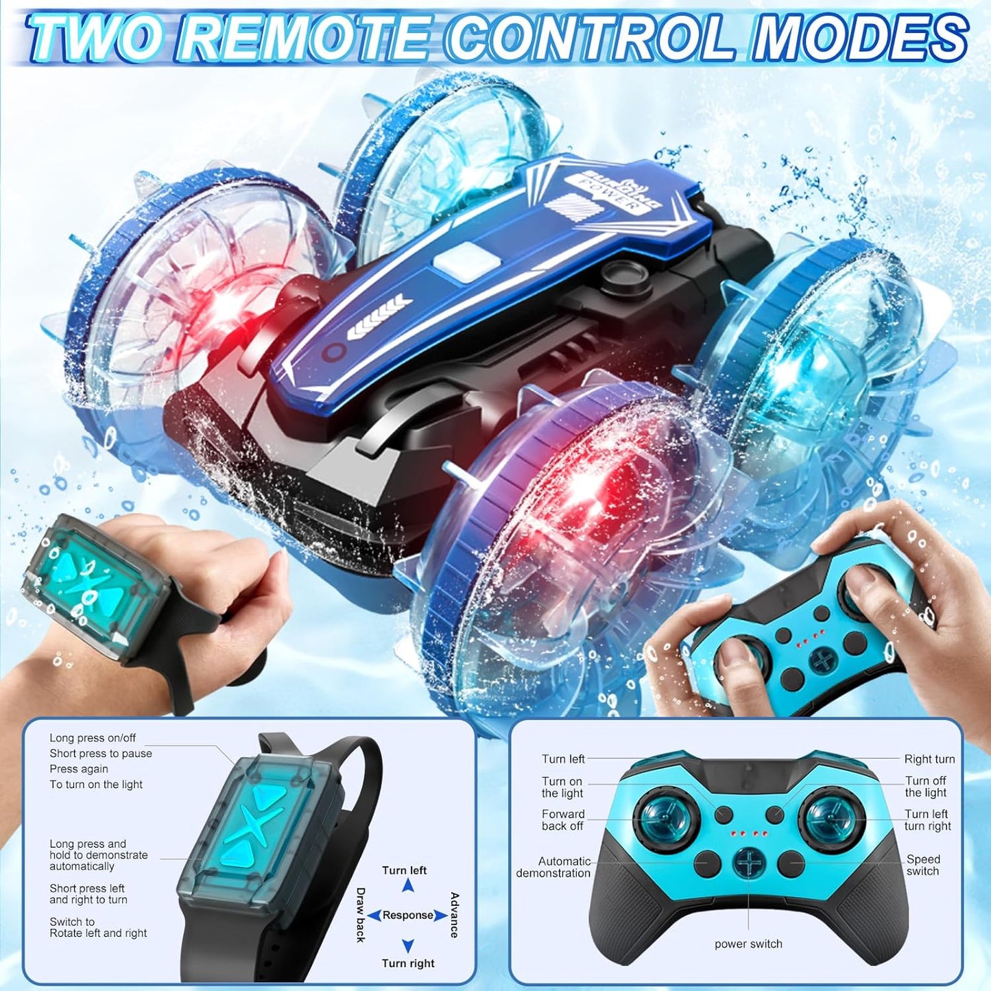 Toys for Ages 5-13, Amphibious Remote Control Car, 2.5GHz 4WD 131Ft 360° Rotation, 180° Flip，60Mins Play, Rechargeable Gesture Rc Car with LED, Battery, Kid Toys, Christmas, Birthday Gifts
