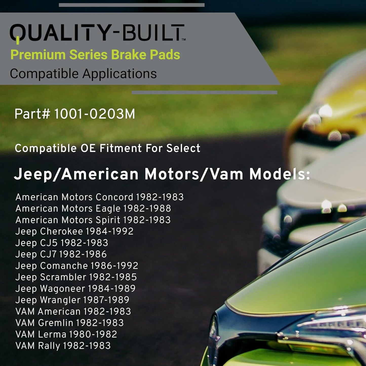 Premium Semi-Metallic Front Brake Pads (1001-0203M) Compatible with 1980-1992 American Motors/Jeep/VAM (Cherokee/CJ5/CJ7/Comanche/Concord/Eagle/Spirit/Wagoneer/Wrangler & More)