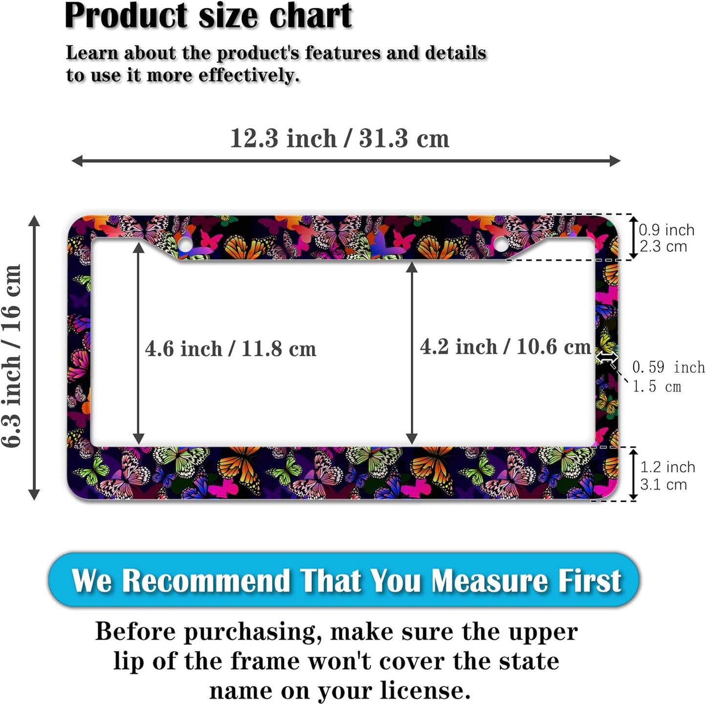 License Plate Frames Multicolor Car Plate Frame Colorful Watercolor Butterfly Aluminum Metal Car Accessory 2 Pack with Screw Covers Set