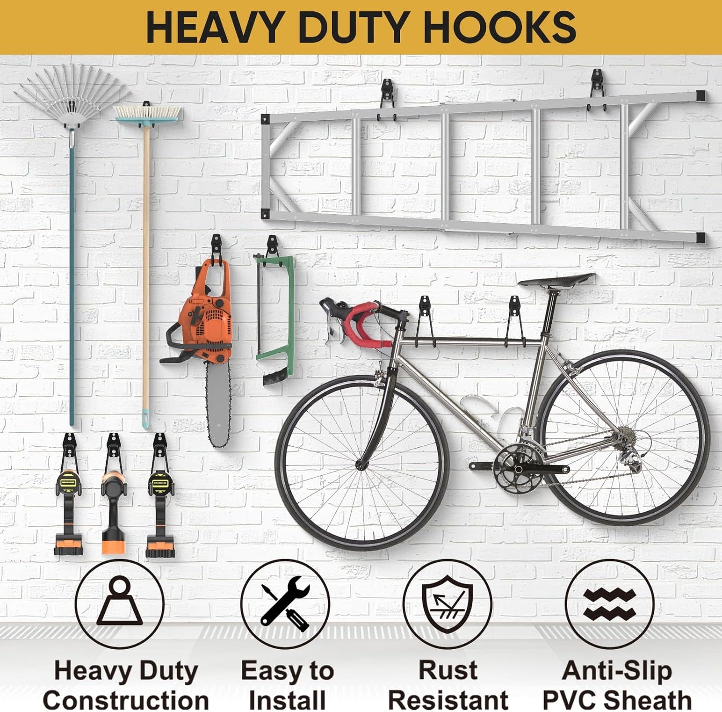 TICONN 2 Pack Heavy Duty Garage Hooks, Steel Utility Wall Storage Hooks, Wall Mount Hanger Organizer for Ladders, Bikes, Tools, Bulky Items (Small, Orange Square)