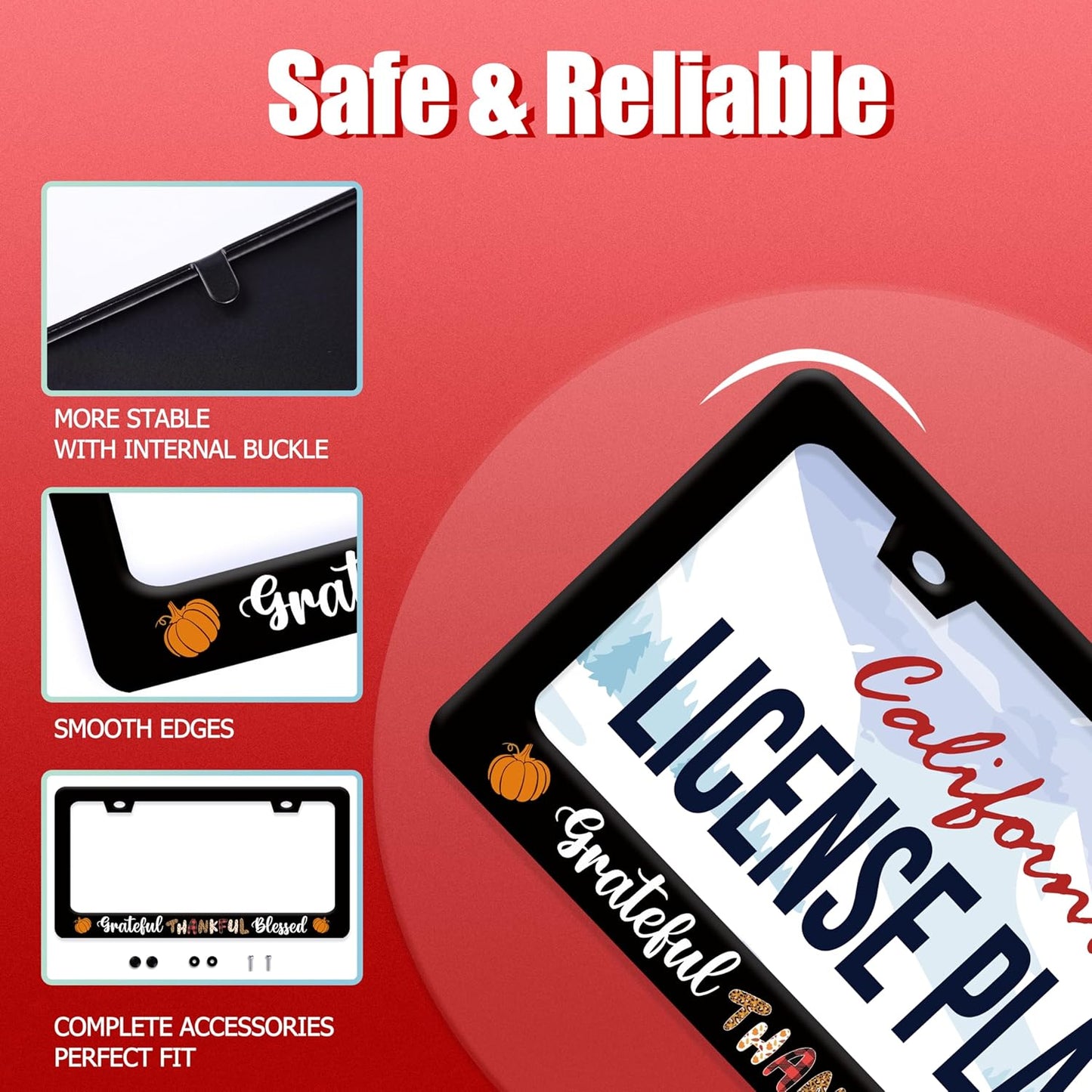 Grateful Thankful Blessed License Plate Frame Thanks Giving License Plate Frames Stainless Steel Accessories Cars Decor with 2 Holes and Screws Fits Standard US CA Vehicles Size 12.2 x 6 Inches