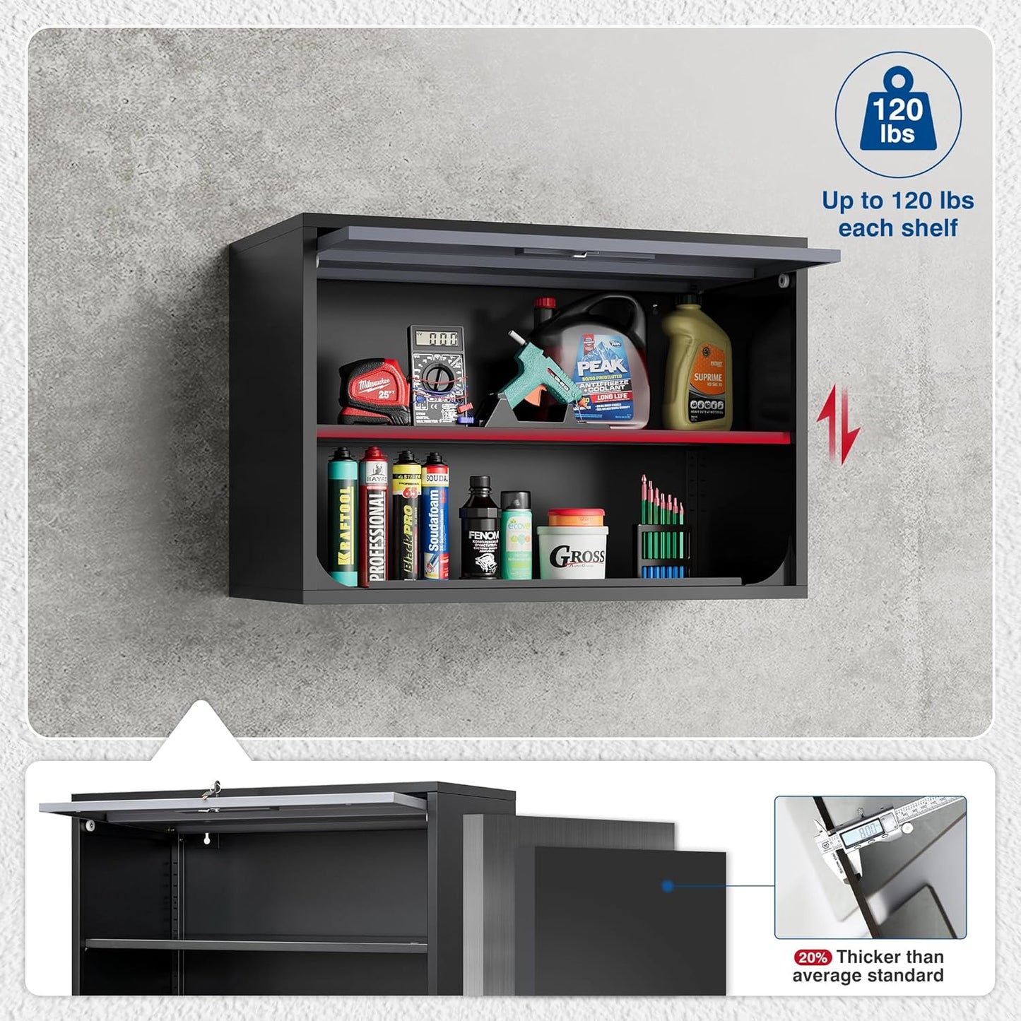 Metal Storage Cabinet Black&Gray Wall Cabinets with Shelf and Locking Door - Wall Mounted Storage Cabinet for Garage Warehouse Home Office - Assembly Required