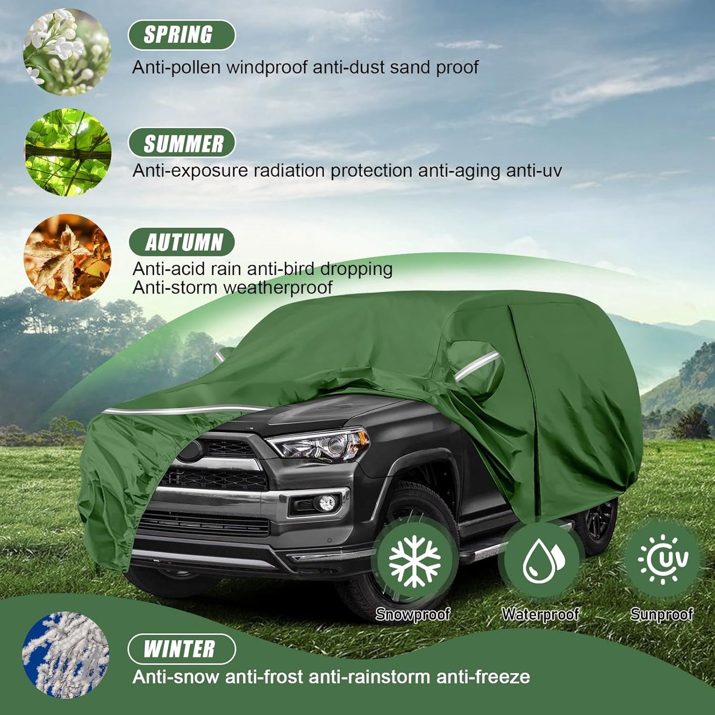 BOSSTONE Car Cover Custom Fit for Toyota 4runner 2002-2025, Waterproof All Weather for Automobiles Full Exterior Cover Rain Sun Snow Protector with Door Zipper (Green)