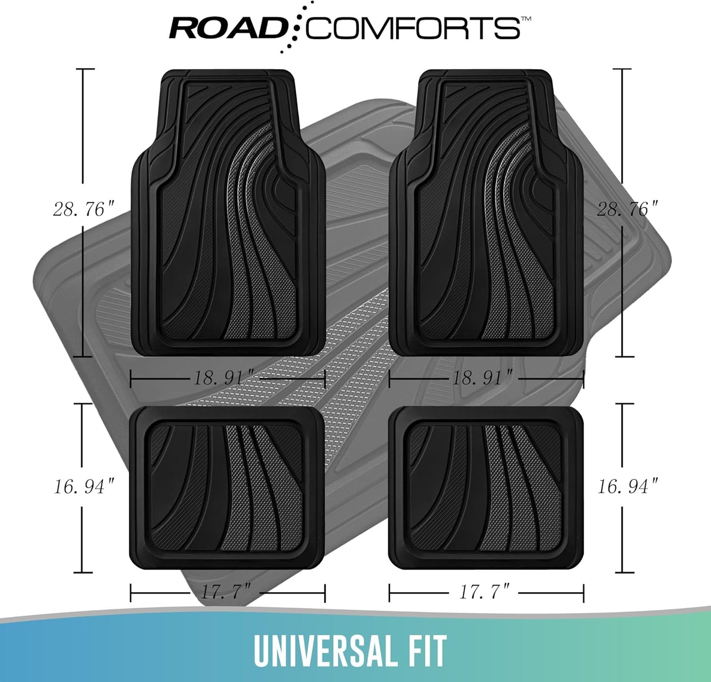 Road Comforts Car Floor Mats Full Set – Front & Rear Car Floor Mats with Aluminum Design, Anti-Slip Backing, All-Weather Protection, Trim-to-Fit Car Mats for Most Sedans, SUVs & Vans - Black