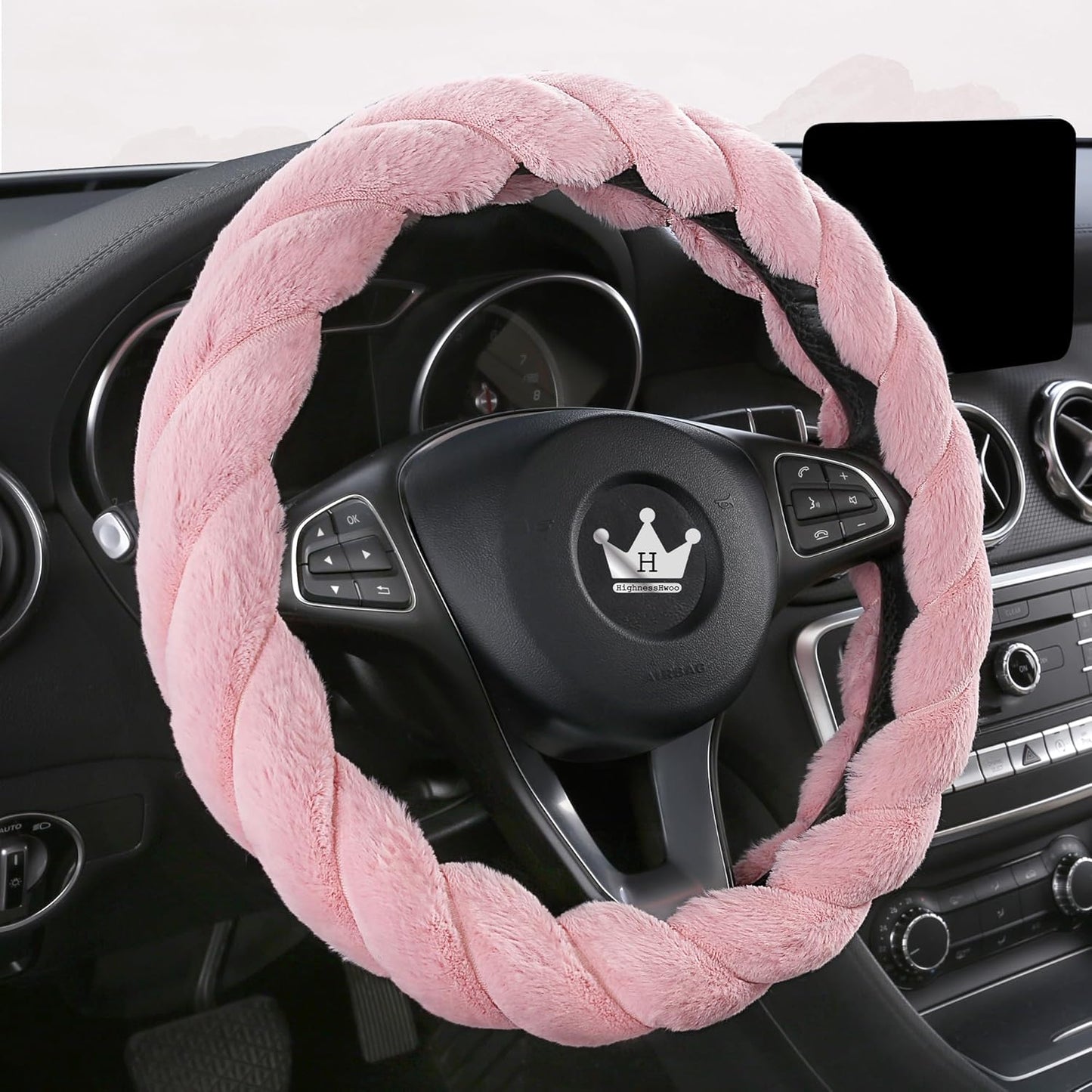 Luxury Fluffy Winter Car Steering Wheel Cover for Women Soft Warm Plush Cute Auto Accessories for Vehicle, Sedan, Universal, Fuzzy, Anti Slip, Pink, Standard Size, 14.75-15.15"