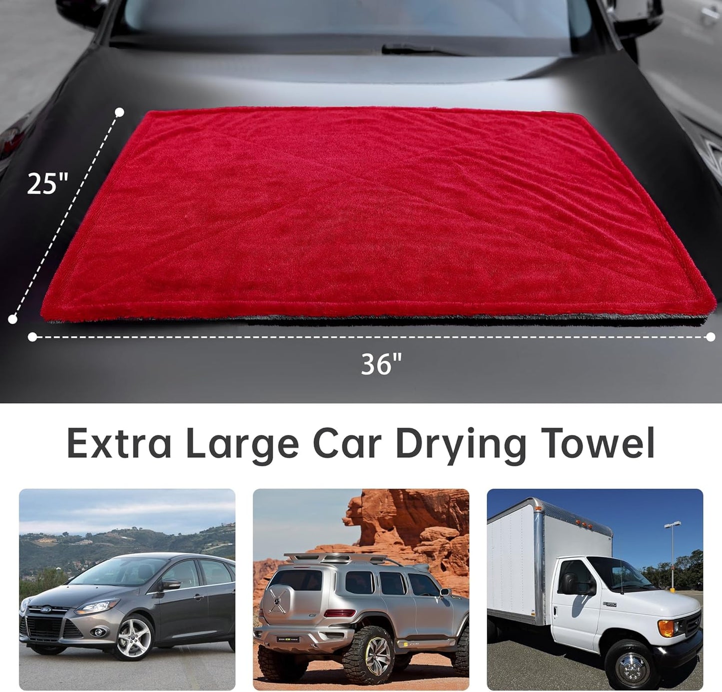 LIVOS Extra Large Car Drying Towel, Twisted Terry Microfiber Towels for Cars, 1000GSM Professional Quick Dry Cleaning Cloth for Car, Scratch-Free, Absorbent Wash Towel, 25" x 36" (Red&Grey)