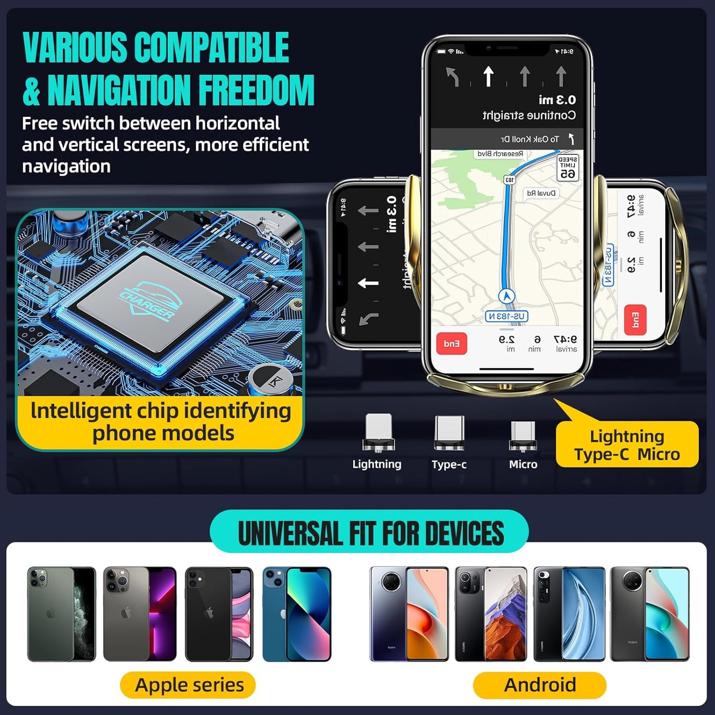 Wireless Car Charger, MAX 15W Fast Charging Auto Clamping, Sensing Phone Holder Mount, fit for iPhone 16 15 14 13 12 Pro Max Xs X, Samsung Galaxy S24 Ultra S23 S22 S21 S20 Note20 (5-Golden)