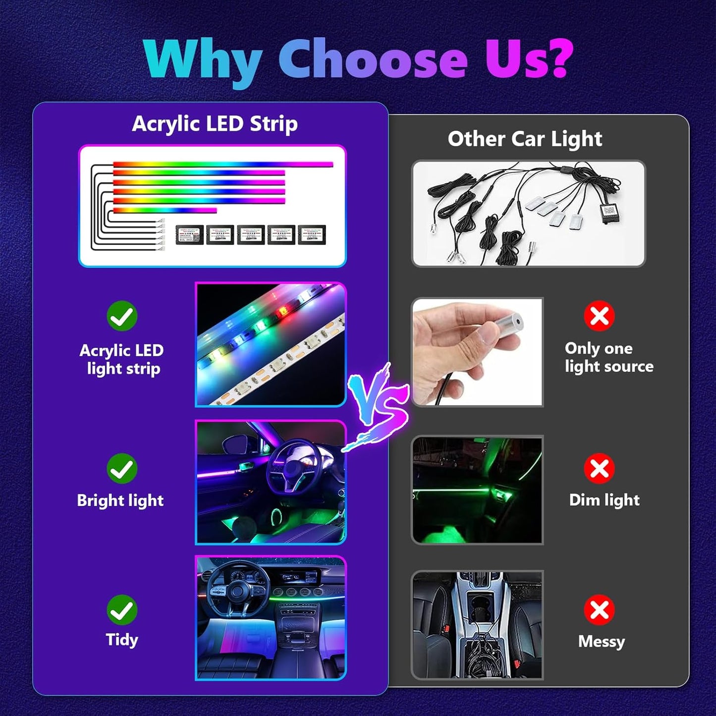 Dreamcolor Acrylic Interior Car Lights, AMKI Car LED Strip Light with Bluetooth APP, Car Ambient Lighting Kit with RGB 6 in 1 and 175 inches 593 LEDs, 16 Million Colors Sound Activated Car Neon Lights