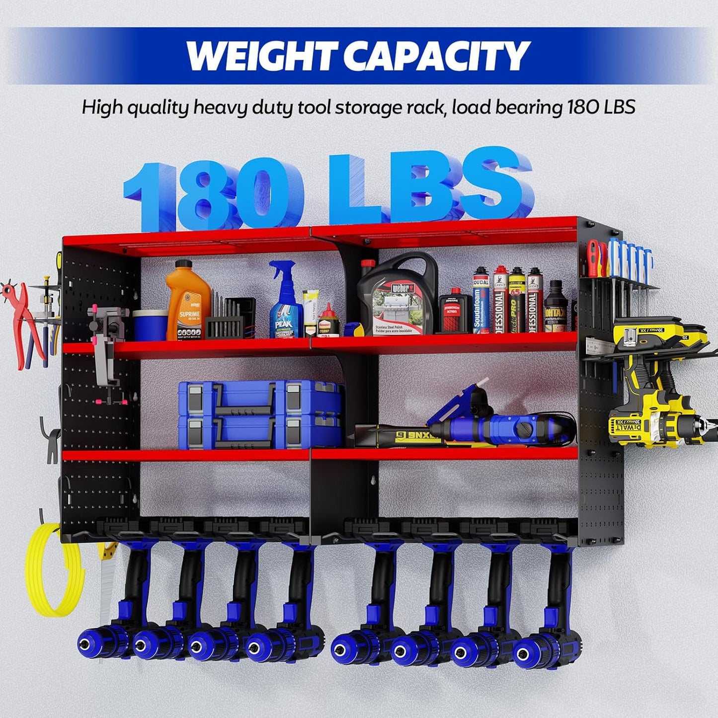 FAHKNS Power Tool Organizer Wall Mount, 4 Layer Heavy Duty Metal Tool Storage Rack, Garage Wall Organizers with 8 Drill Holder Screwdriver Holder, Cordless Tool Organizer for Garage Workshop Shed