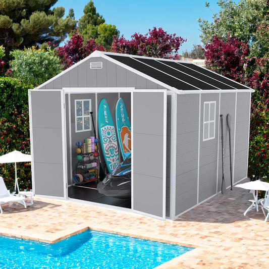 MyVoice 8x8 FT Outdoor Resin Storage Shed with HD Window, Rustproof Waterproof Garden Tool Shed, 12mm Thickened PP Panels, Large Capacity Outdoor Utility House for Backyard Patio (with Floor)