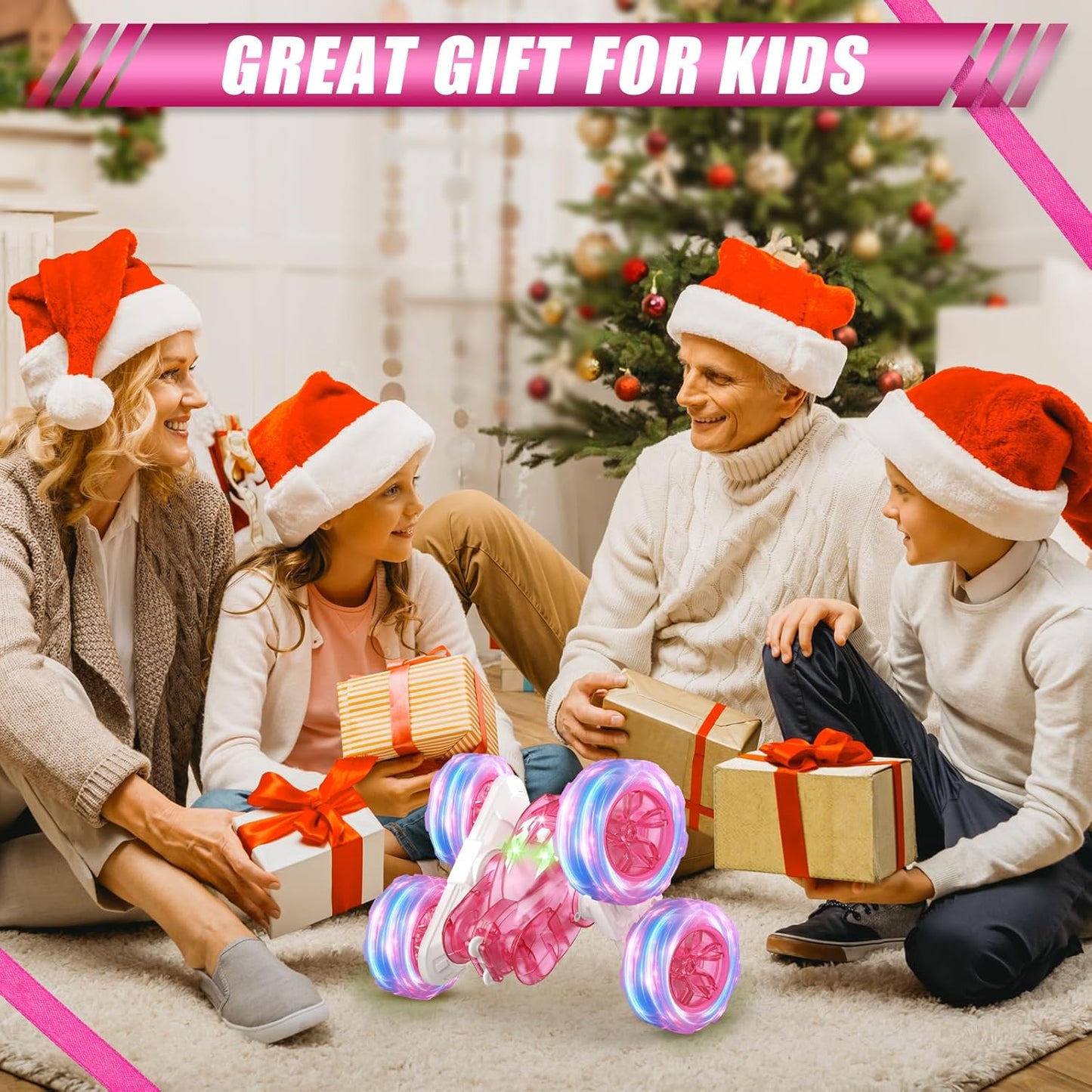 Pink Remote Control Car for Girls Rechargeable Fast Direct Charging RC Cars for Kids with Colorful Light,Double-Sided 360° Rotating RC Stunt Car 4WD RC Car Toys for Ages 5-7 Gift for Girls Aged 6-12