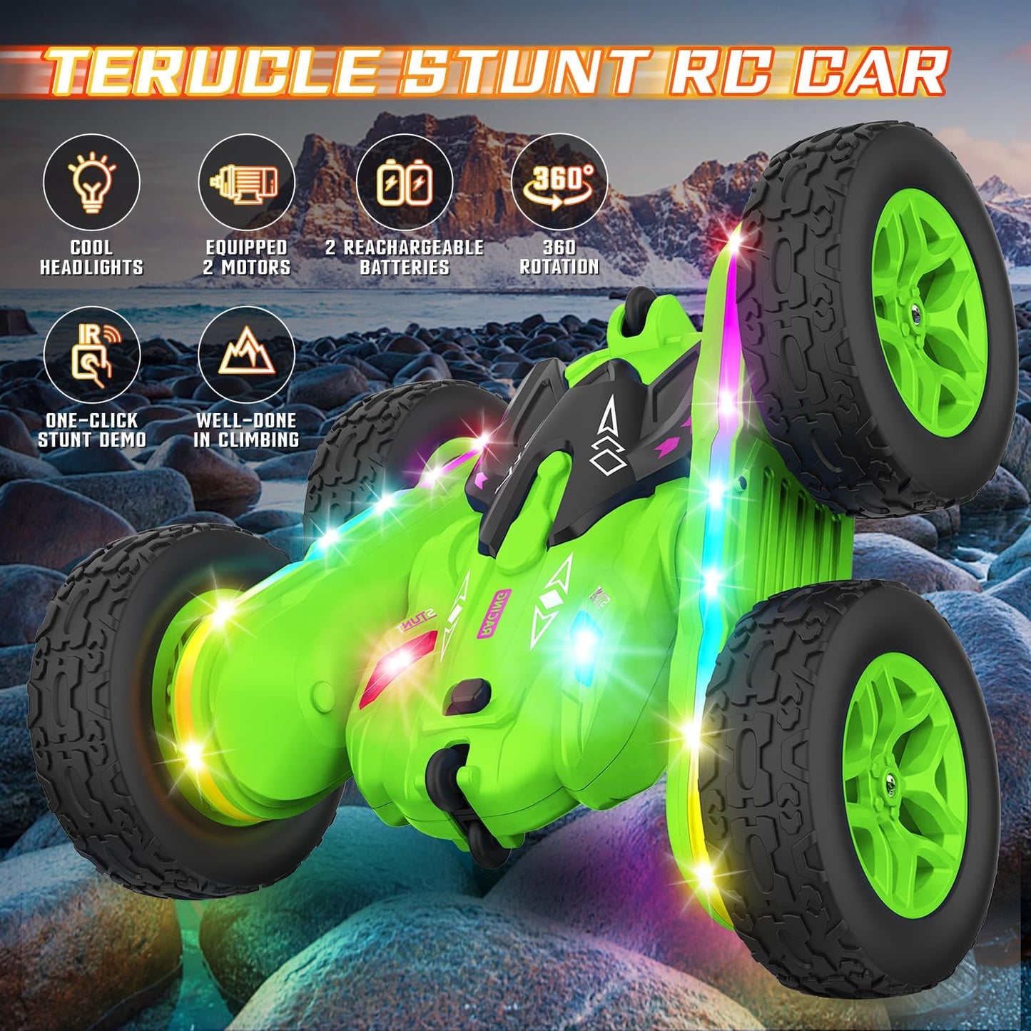 Remote Control Car, Rc Cars Stunt RC Car Toys Upgraded Strip Lights and Headlights Kids Toys Double-Sided 360° Rotating 4WD Drift Truck for Boys Girls Birthday Gift (Green)