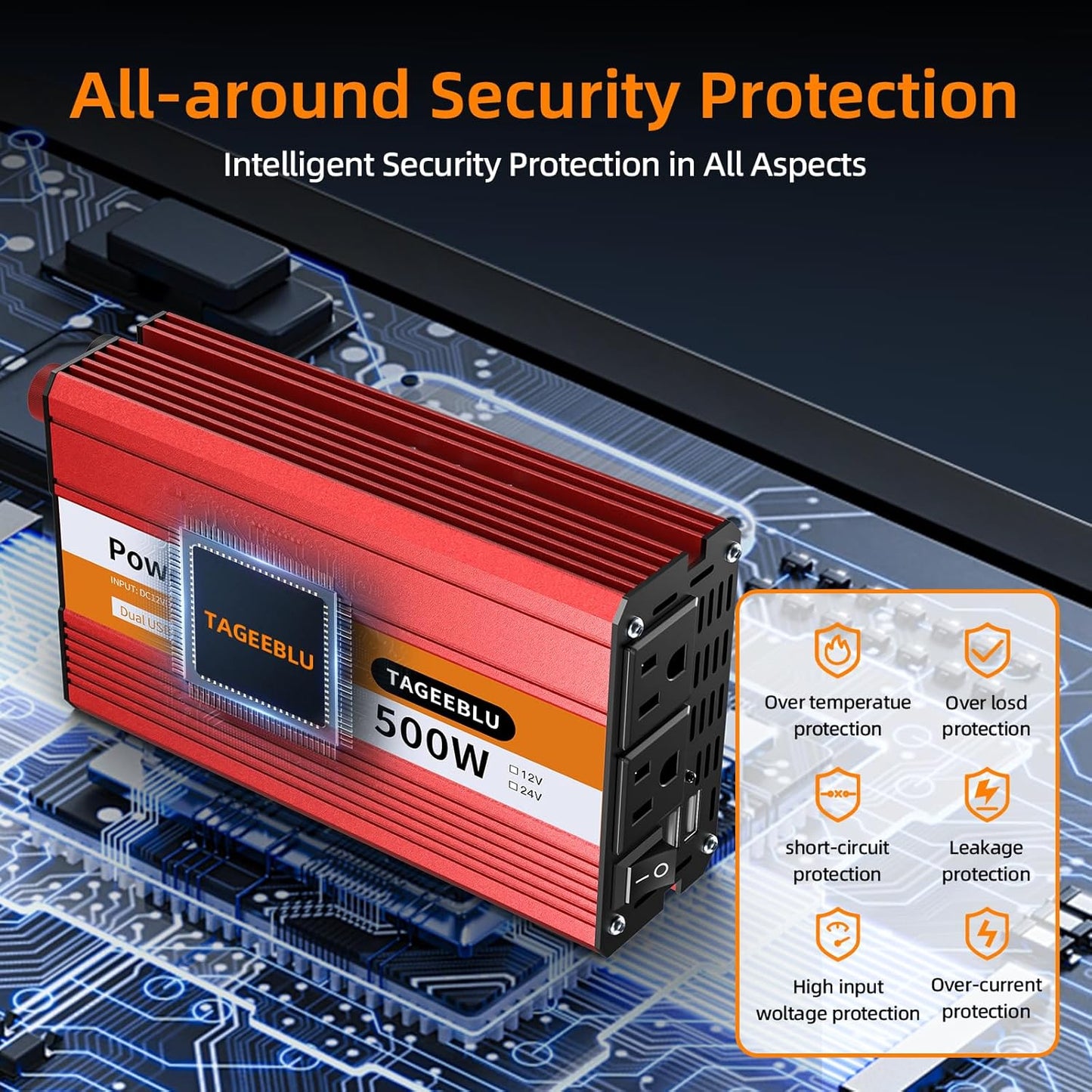 500W Power Inverter DC 12V to 110V/120V AC Car Inverter with 2 x 3.0A USB Ports and Dual AC Outlet, Equipped with 1 Cigarette Lighter and 2 Battery Clamps for Road Trip and Camping