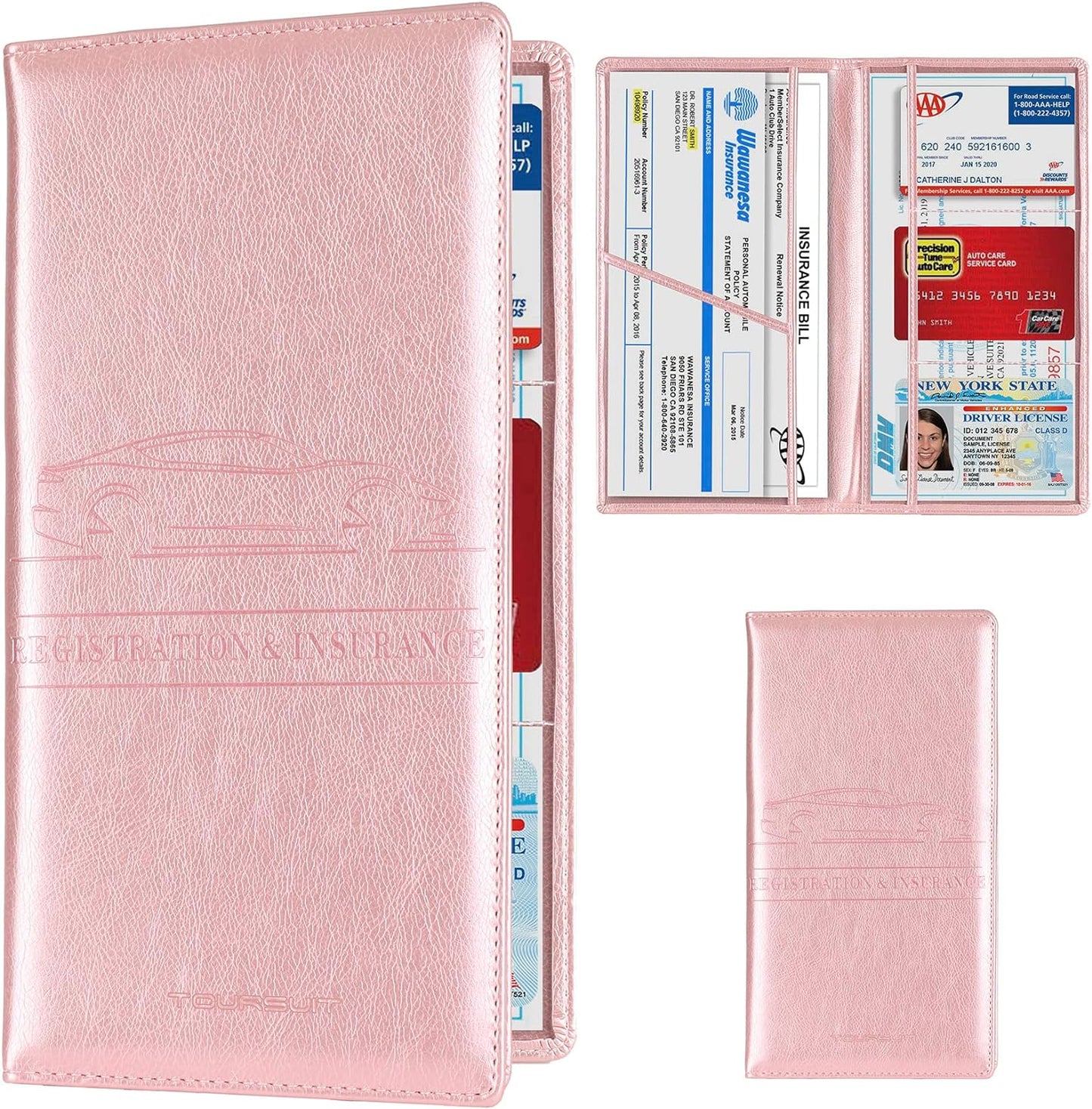 TOURSUIT Car Registration and Insurance Card Holder, Vehicle License Document Glove Box Compartment Organizer, Interior Car Accessories for Women Men Teens (Rose Gold)
