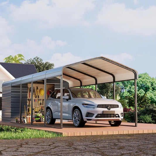 EROMMY 10x25 FT Carport Storage Shed 2-in-1, Heavy Duty Car Port with Galvanized Metal Frame, Base-Reinforced Enclosed Storage Shelter, Extended Coverage for Trucks, Cars & All Vehicles, Gray