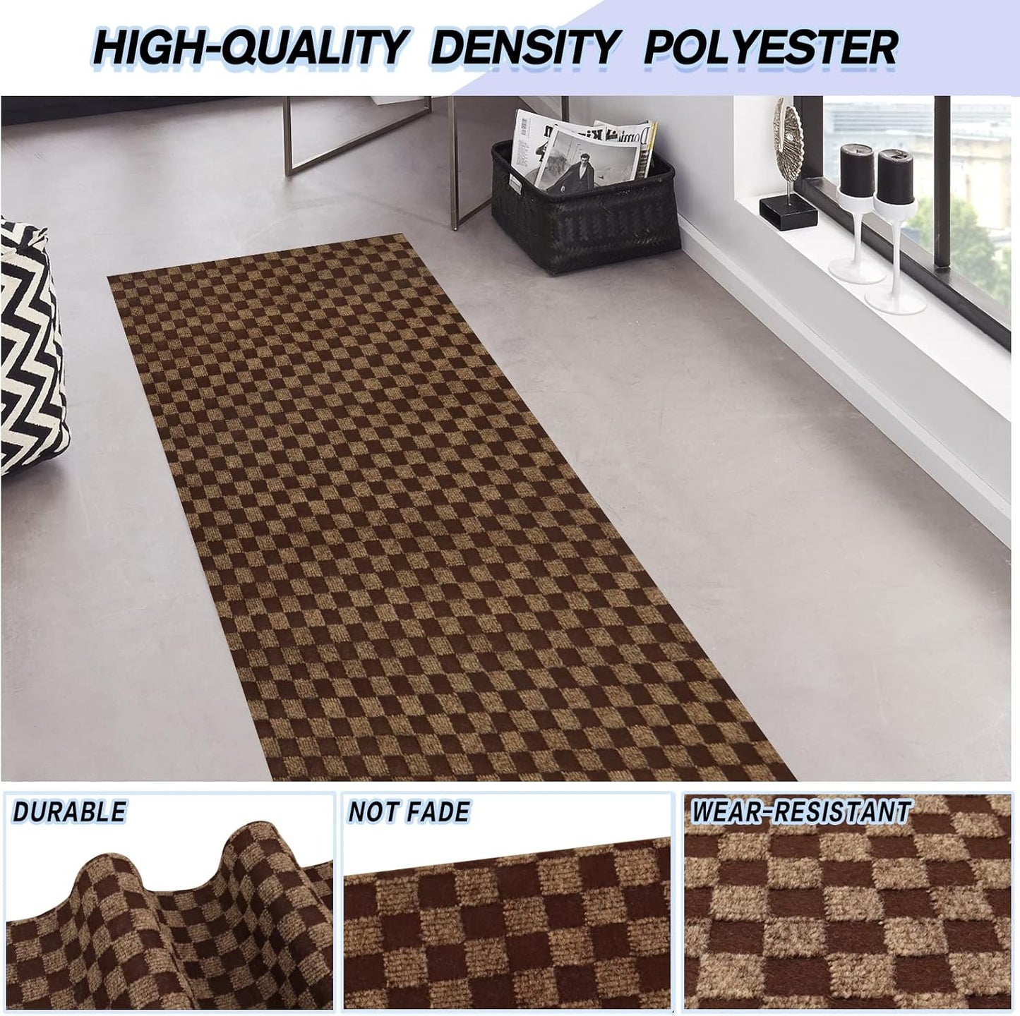 Custom Size Backed Non-Slip Area Rugs Runner, Easy Clean, Waterproof Runner Rugs for Hallway Entryway, Kitchen, Laundry, 4FT x 22FT, Brown Checkered