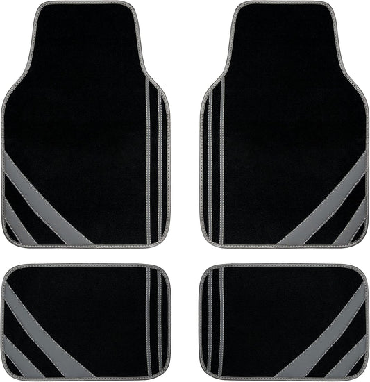 CAR PASS Carpet Car Floor Mats, Edge Leather Waterproof Car Mats with Double Stitch Line and Anti-Slip Backing Design, Fit 95% Automotive,SUVS,Sedan,Vans (Black and Gray)