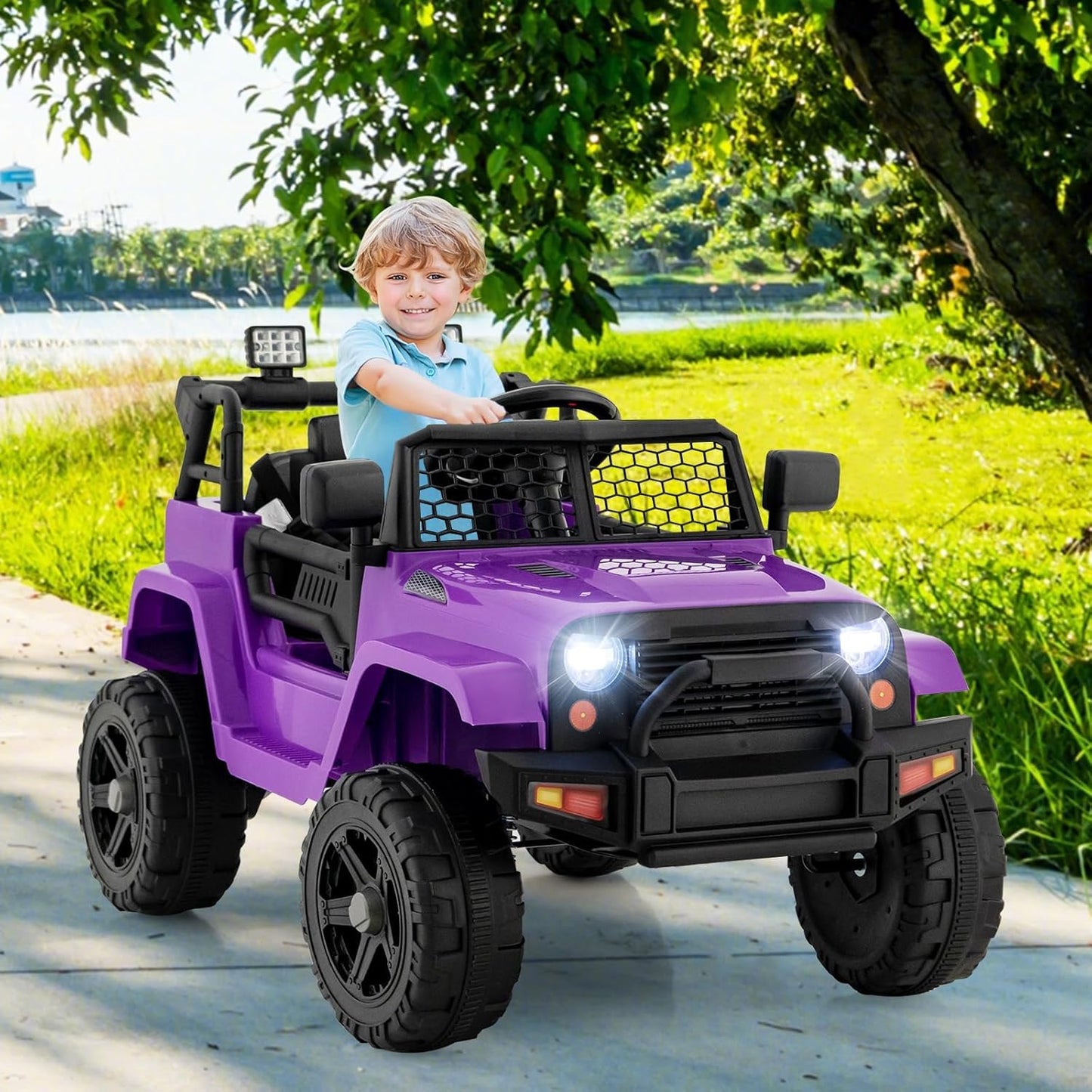 OLAKIDS Kids Ride On Truck, 12V Electric Vehicle Jeep Car with Remote Control, Toddlers Battery Powered Toy with 2 Speeds, Spring Suspension, Double Open Doors, LED Light, Music, TF, USB, Mp3 (Purple)