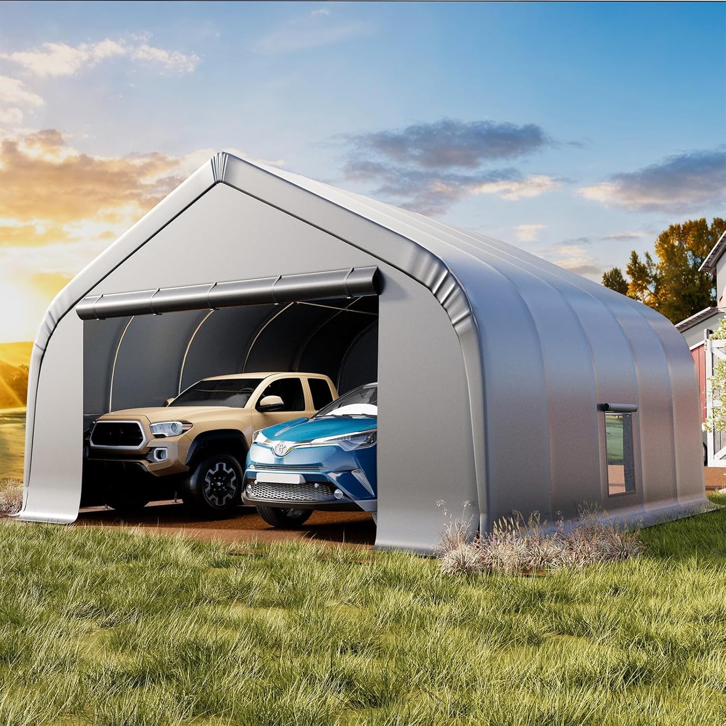 EROMMY 20x20 FT Heavy Duty Durable Carport, Galvanized Steel Frame Garage Shelter and Outdoor Storage, Waterproof 3-Layer PE Cover, Fits 2 Cars, Boat, Farm Equipment, Silver Gray