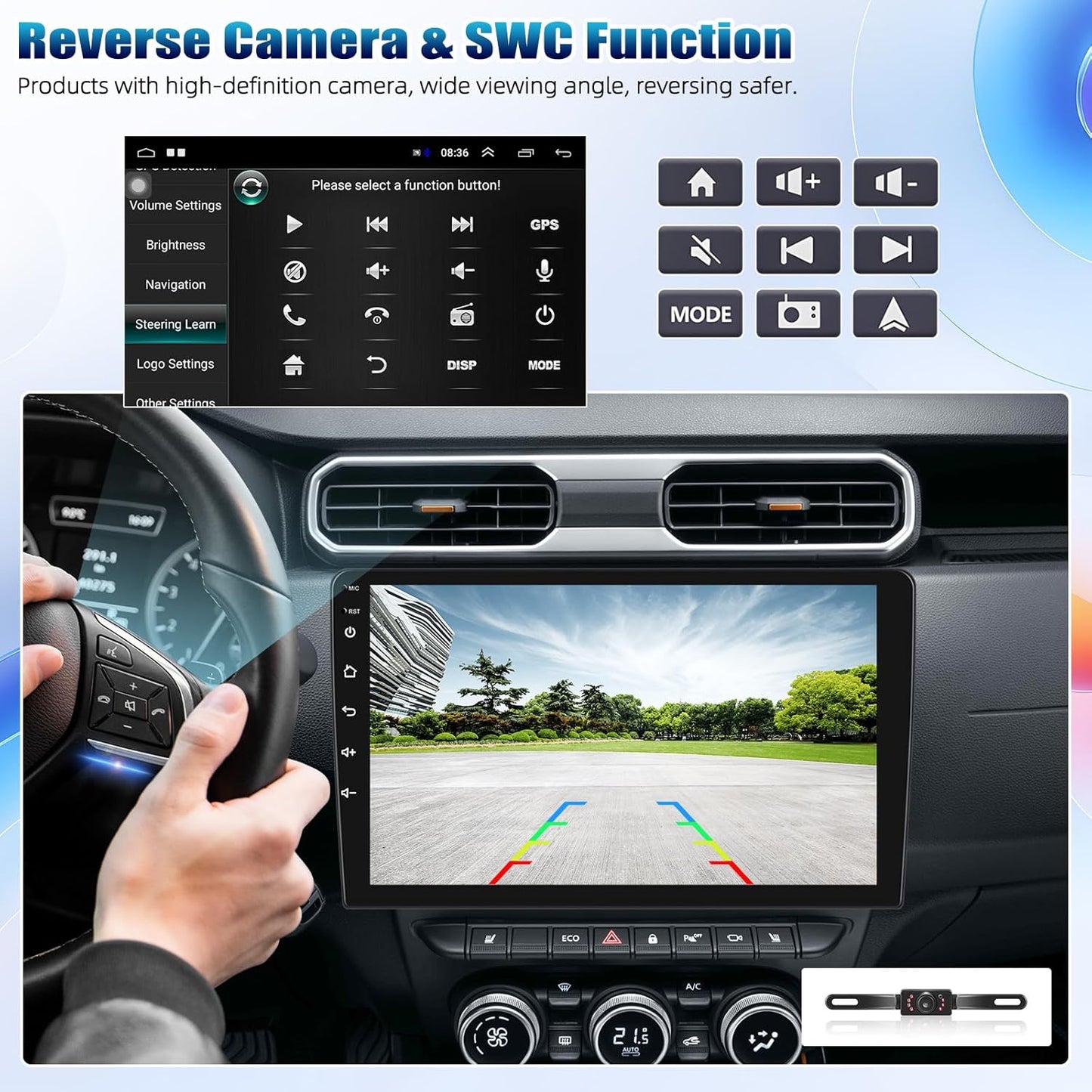 Double Din Car Stereo Radio Receiver, 10.1” 2.5D Curved HD Touch Screen Head Unit Multimedia Player, Support Rear View Camera&Android iOS Mirror Link Dual USB Input+License Plate Camera