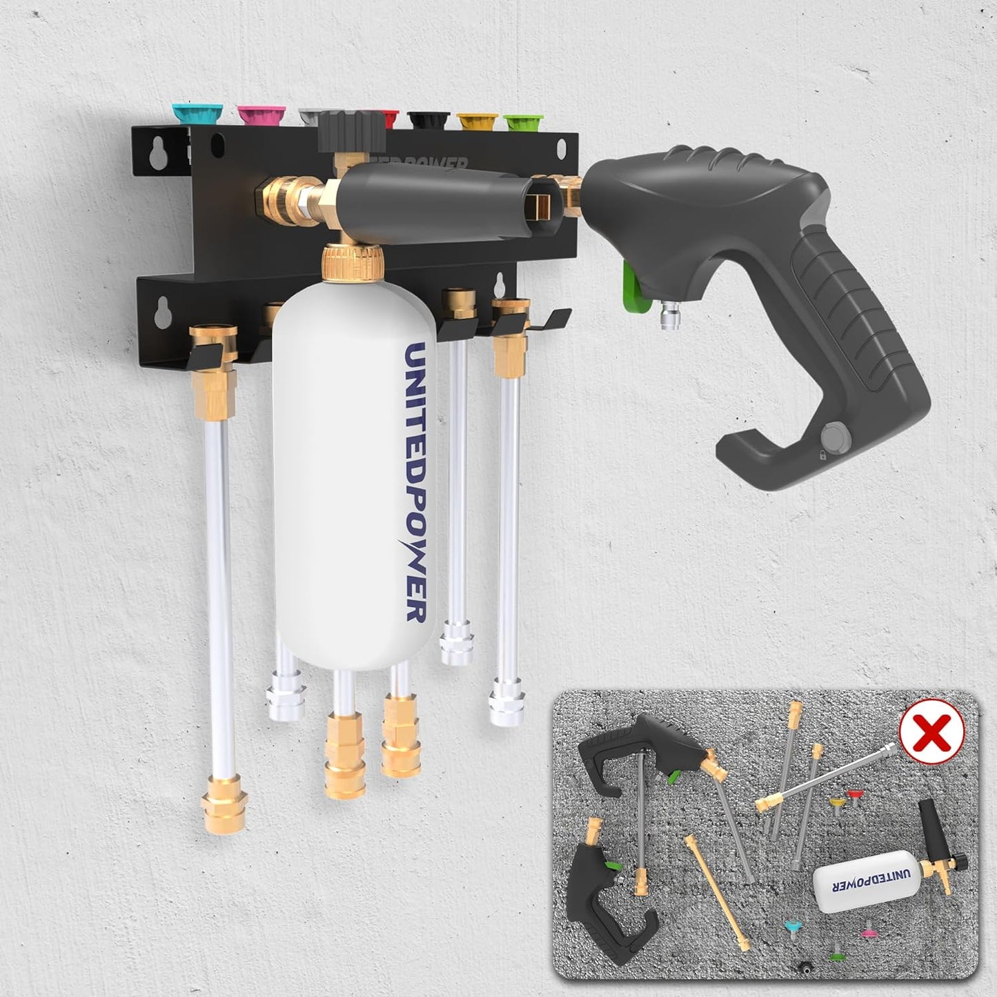 UNITEDPOWER Pressure Washer Gun Holder，Wall Mount Foam Cannon Holder，Tool Storage Rack for Pressure Washer Wand/Nozzle Tips, Car Wash Accessories Organizer, Black