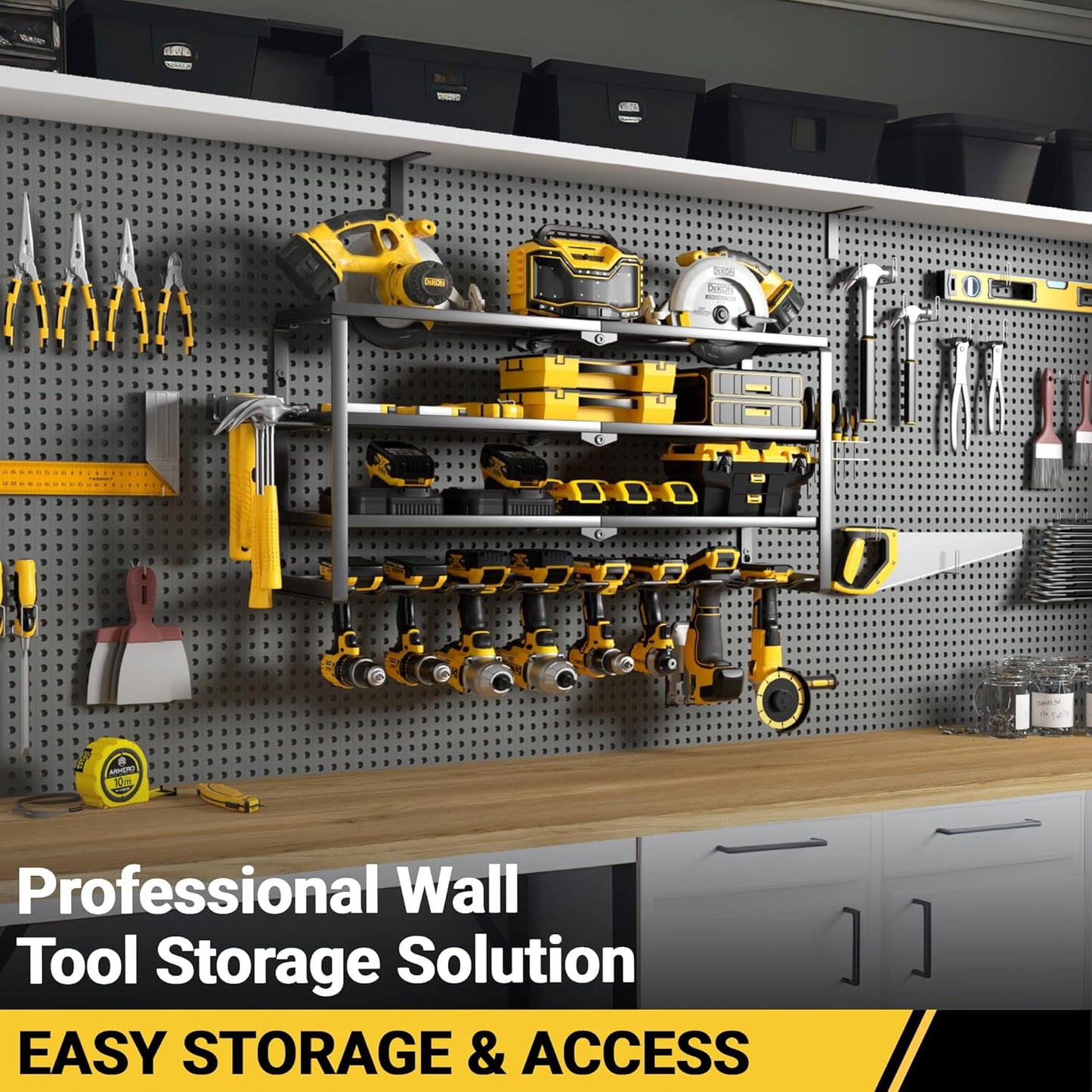 YYR 4 Layer Power Tool Organizer Wall Mount, Cordless Drill Hanger Storage Rack, Battery Tools Holder with Charging Station Shelf for Garage Organization, Workshop, Pegboard, Shed - 32 Inch 8 Slots