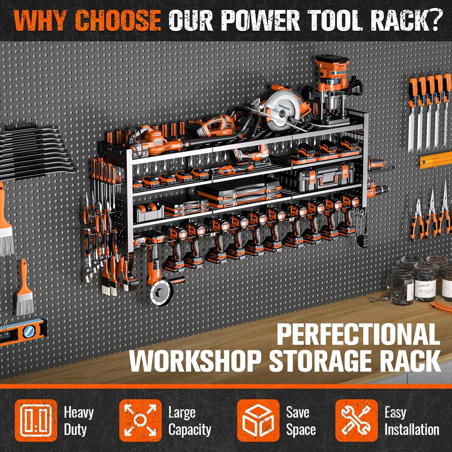 49.8" W Large Power Tool Organizer Wall Mount, Heavy Duty Tool Organizer with 14 cordless Drill Holder, 4 Layers Garage Organization and Storage Rack, Tool Rack for Garage Workshop, Black