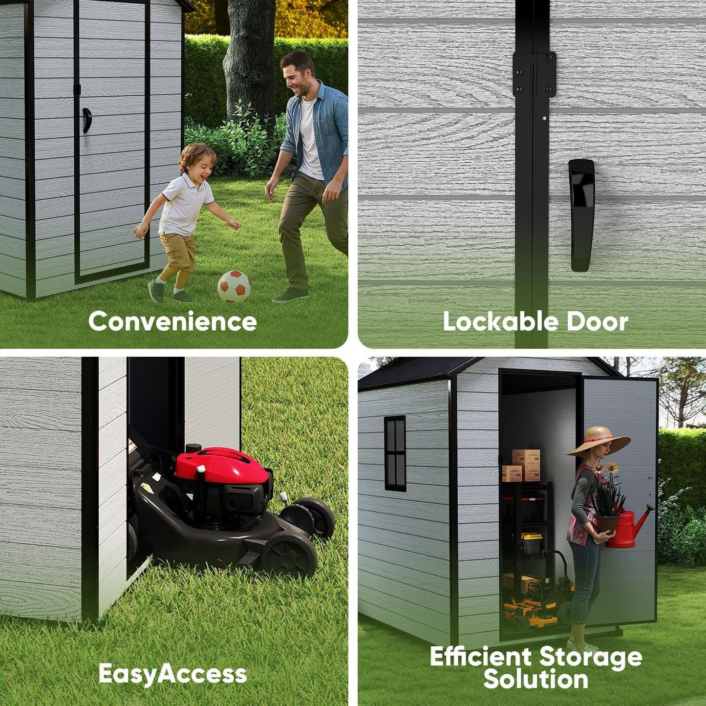 4 x 6 FT Shed Resin Outdoor Storage with Floor, 230 cuft Plastic Shed with Window and Lockable Door for Garden, Backyard, with Wood Texture, Grey