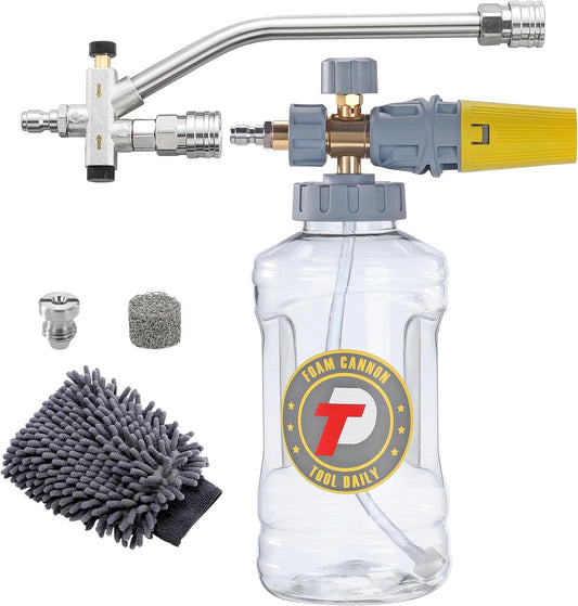 Tool Daily Foam Cannon for Pressure Washer with Dual Connector Accessory, Adjustable Soap Cannon with M22-14 and 1/4” Quick Connect Fittings, Additional Orifice Nozzle 1.1mm, 1.5 Liter