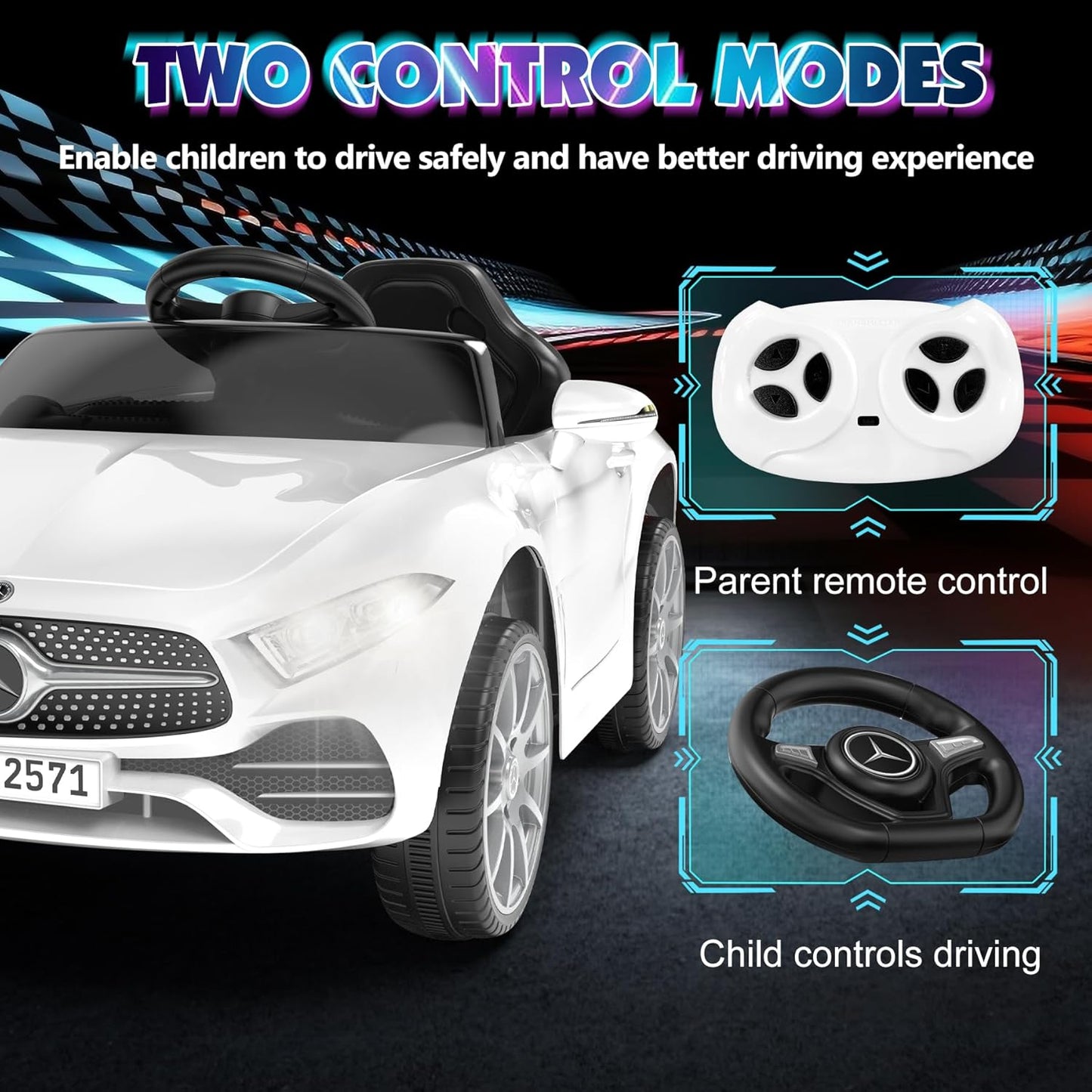 12V Kids Ride On Car with 2.4G Remote Control,Battery Powered Electric Car Ride On Vehicle Double Doors, 5 Point Safety Belt,LED Light (SC-White)