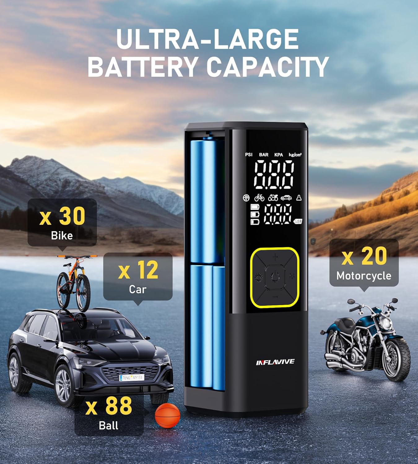 Tire Inflator Portable Air Compressor, InflaVive 3X Fast Inflate Cordless Air Pump for Car Tires with LED Light, 150PSI Portable Electric Pump with Digital Pressure Gauge, for Bike Motorcycle Car Ball