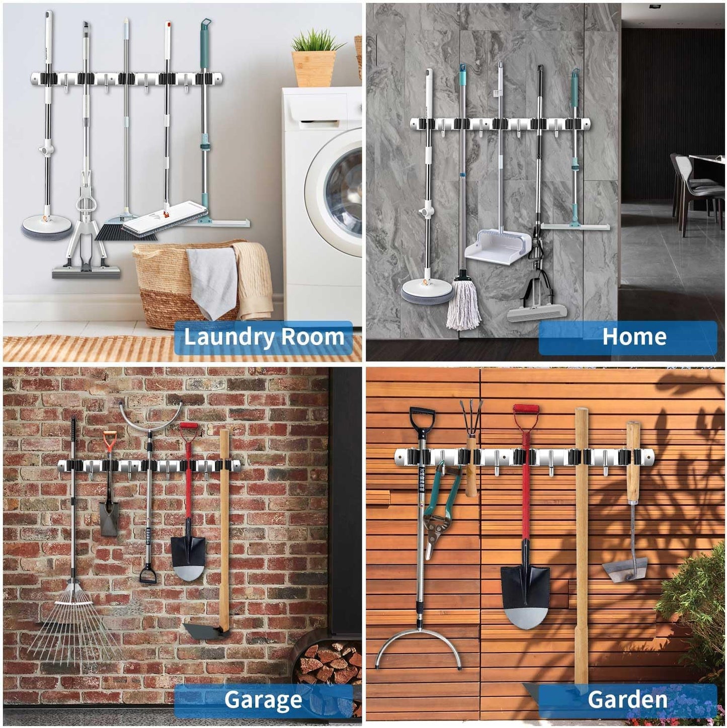 2 Pack Broom Holder Wall Mount, Stainless Steel Broom Hanger Wall Mount, Heavy Duty Mop and Broom Holder Tool Racks Utility Hooks for Laundry Room Garden Garage, Grey (5 Racks and 4 Hooks)