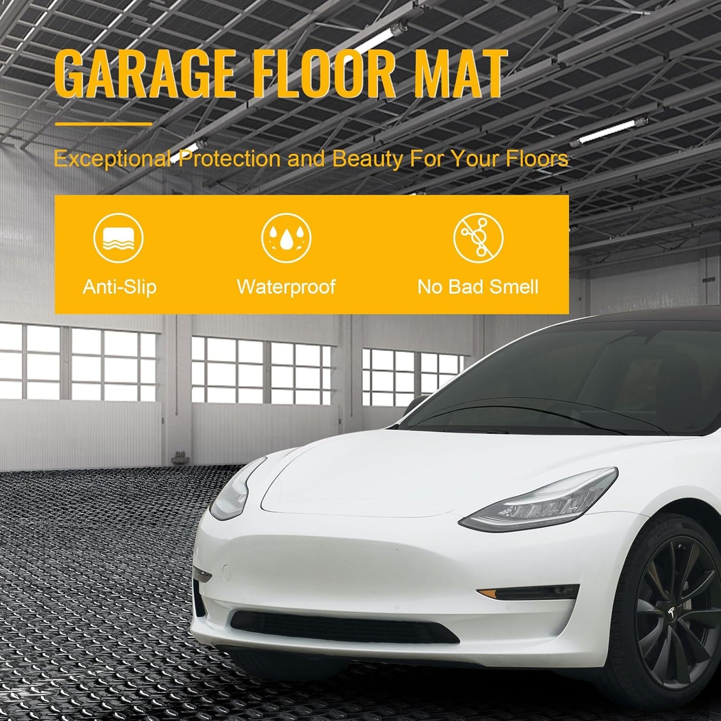 8x20 FT Garage Floor Mat, 2.8mm Thickened Flooring Roll Diamond Plate PVC Rubber Trailer Mat with 20 Pcs Tapes, Non-Slip Floor Protector Mat for Garage, Warehouse, Gyms, Trailer, Black