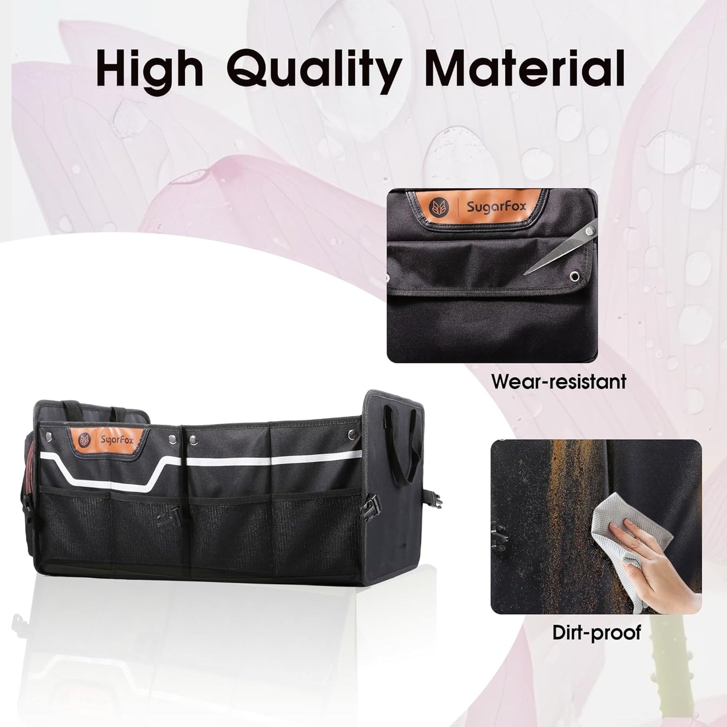 Foldable Waterproof Car Organizer with Non-Slip Traction Rope, 23.2”x13.8”x11.8” Heavy-Duty Trunk Organizer for SUV, Car Essentials List, Portable Vehicle Organizer,BLACK-M003