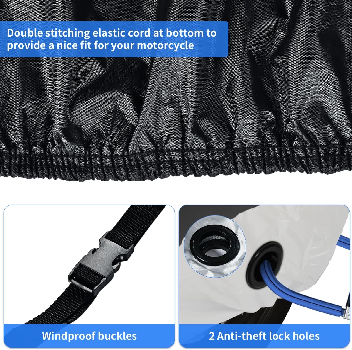 Motorcycle Cover, Coverado Motorcycle Covers Waterproof Outdoor Storage with Lockholes and Night Reflector, All Weather Waterproof Sun Protection Outdoor Scooter Cover Universal Fit Up to 93" Motors