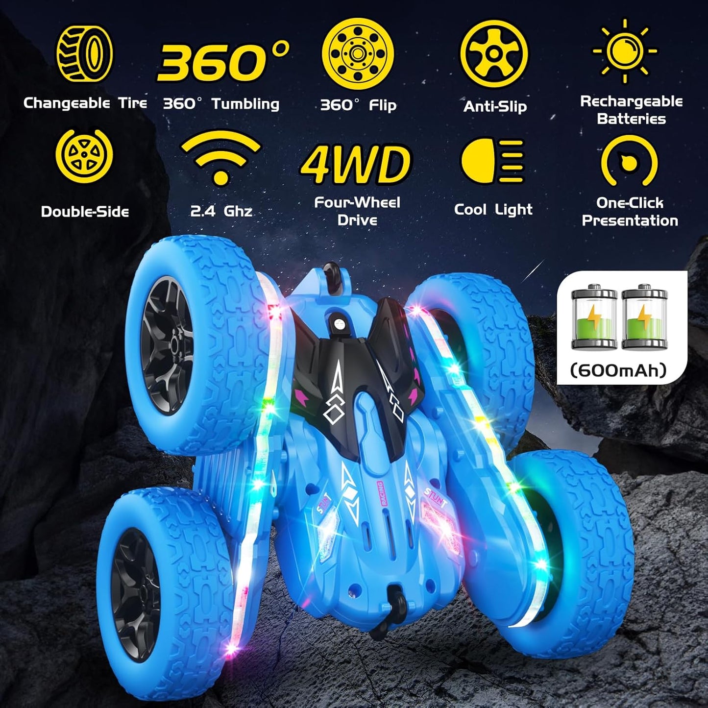 Remote Control Car, RC Cars for Kids with New Upgraded Strip Lights, 2.4GHz RC Stunt Cars with Headlights, 600mAh 4WD 360° Rotating Off Road, 4 5 6 7 8 9 Year Old Boy Toys Birthday Gifts
