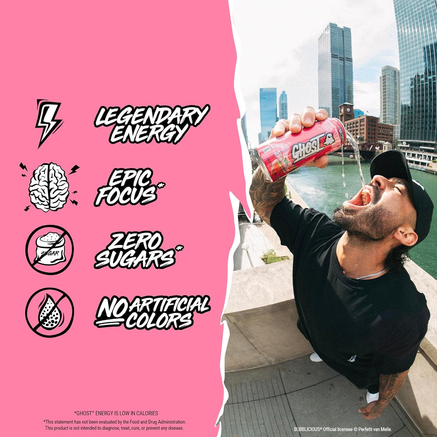 GHOST Energy Drink - 12-Pack, Bubblicious Strawberry Splash, 16oz Cans - Energy & Focus, No Artificial Colors - 200mg of Natural Caffeine, L-Carnitine & Taurine - Gluten-Free & Vegan