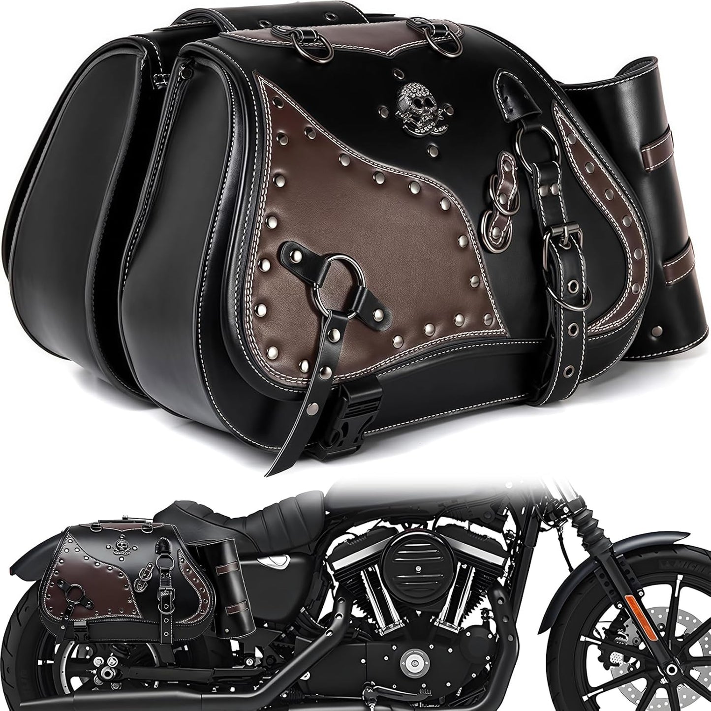 Motorcycle Saddlebags, 30L Leather Waterproof Side Saddle Bags with Cup Holder, Universal Powersports Saddlebags for Harley Davidson Sportster Dyna Softail Honda Shadow Rebel Yamaha Kawasaki Vulcan