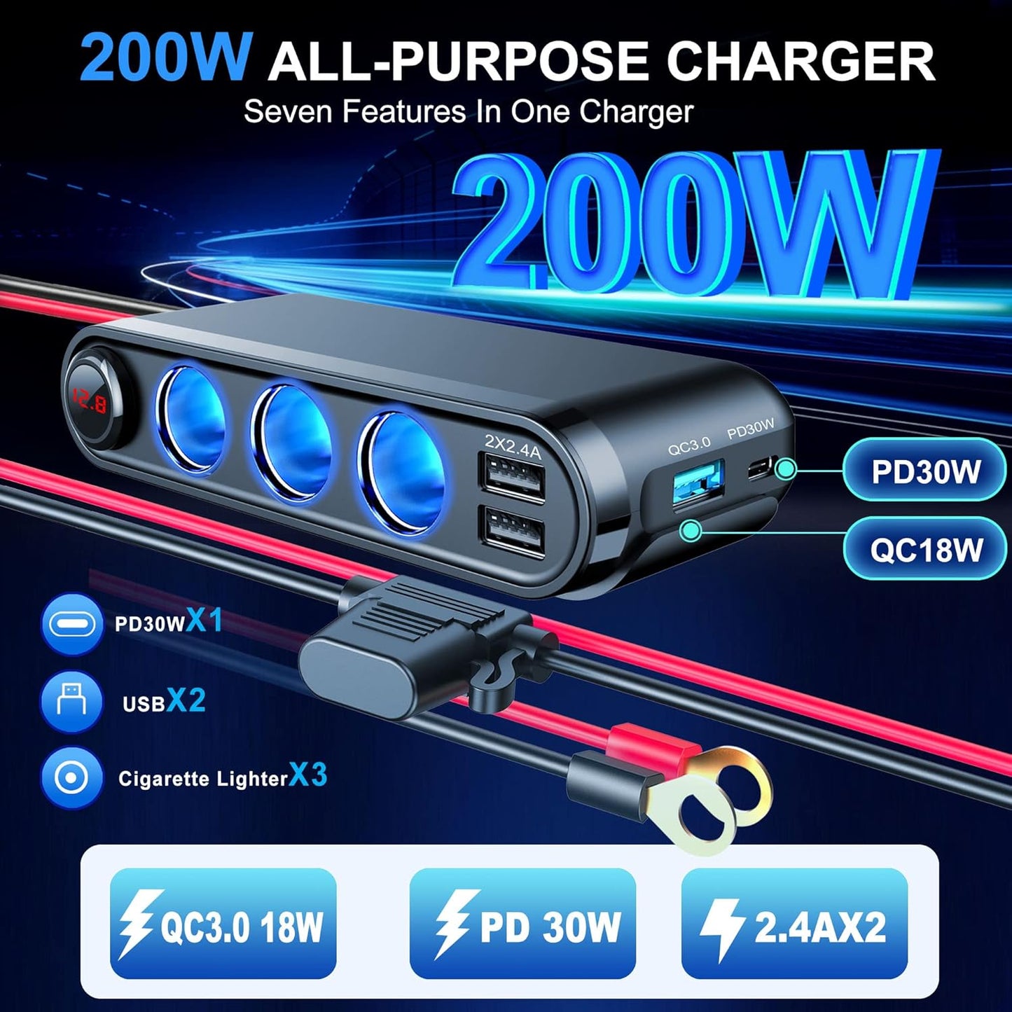 12V Cigarette Lighter Socket Splitter, 200W 3 Socket Multi Port Car Cigarette Lighter Adapter Plug Splitter USB Charger Auxiliary 12 Volt Power Outlet with Eyelet Terminal