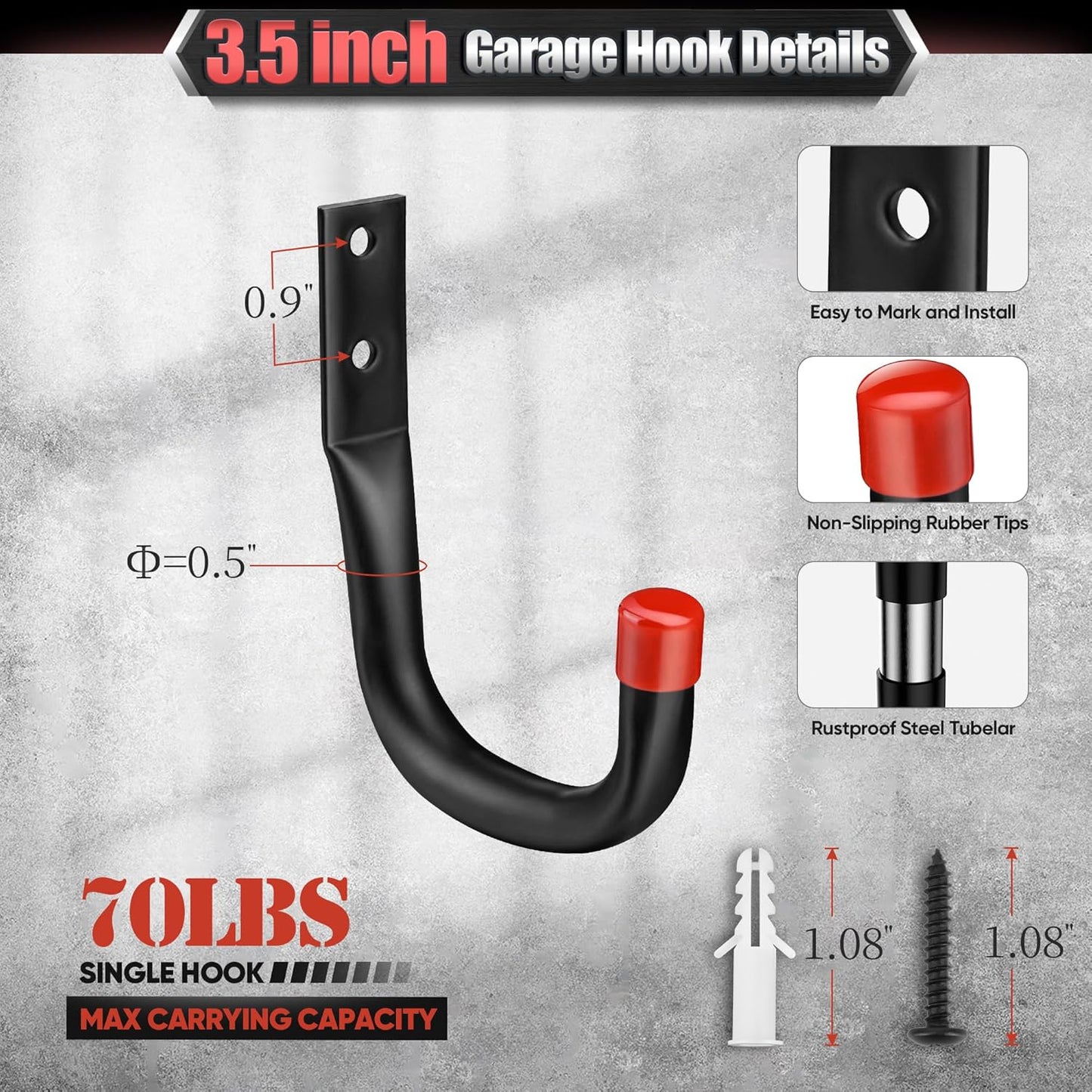 Nacial 20 Pack Garage Hooks Heavy Duty, 9.8" & 3.5" Garage Wall Hook with EVA Pads, 100LBS Capacity Hooks for Hanging Bikes, Kayak Folding Chairs and Hanging Ladders