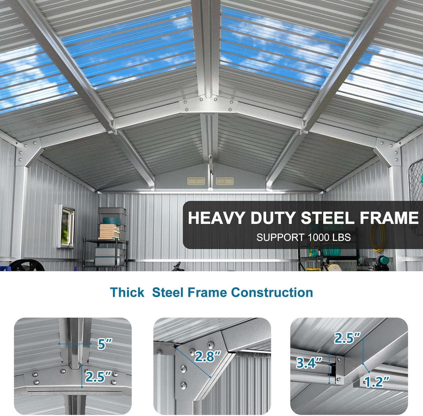 10x12 FT Metal Outdoor Shed with Floor Frame Kit Extra Large Waterproof Tools Storage House with Transparent Top Panel Windows Air Vent for Garden Backyard to Store Bikes,Lawnmower,Dark Grey