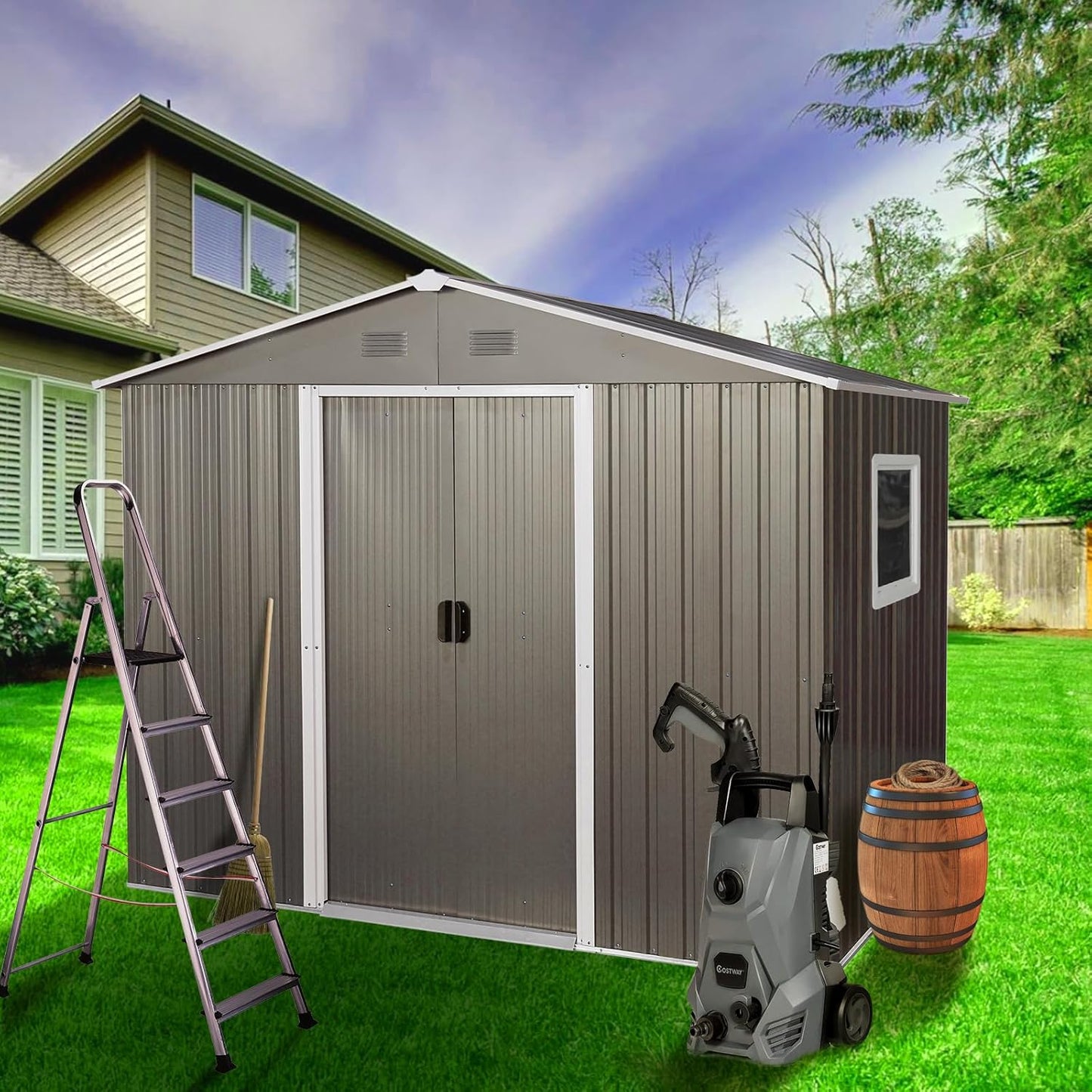 6x8 FT Outdoor Storage Shed, Metal Garden Shed with Frame Floor, Outside Tool Shed with Window, Waterproof Storage Building with Lockable Sliding Doors & Sloped Roof for Backyard, Patio, Gray